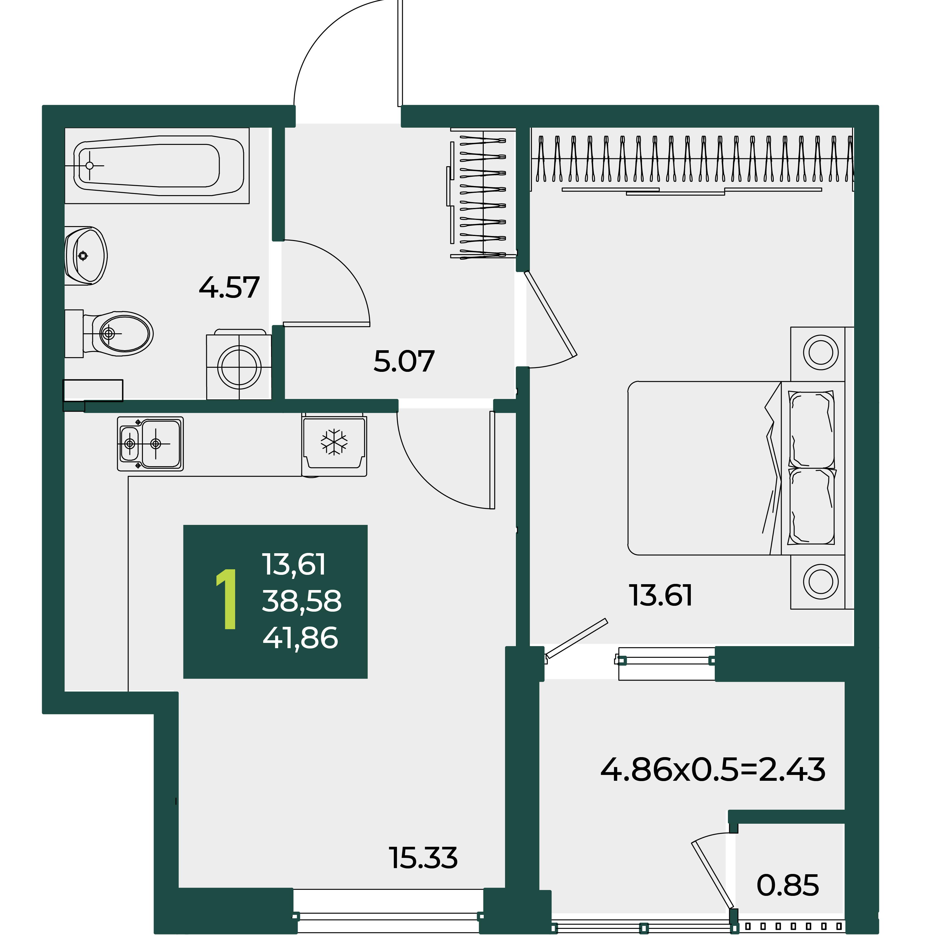 1-комнатная 41 м2 в ЖК Образцово корпус null этаж 2