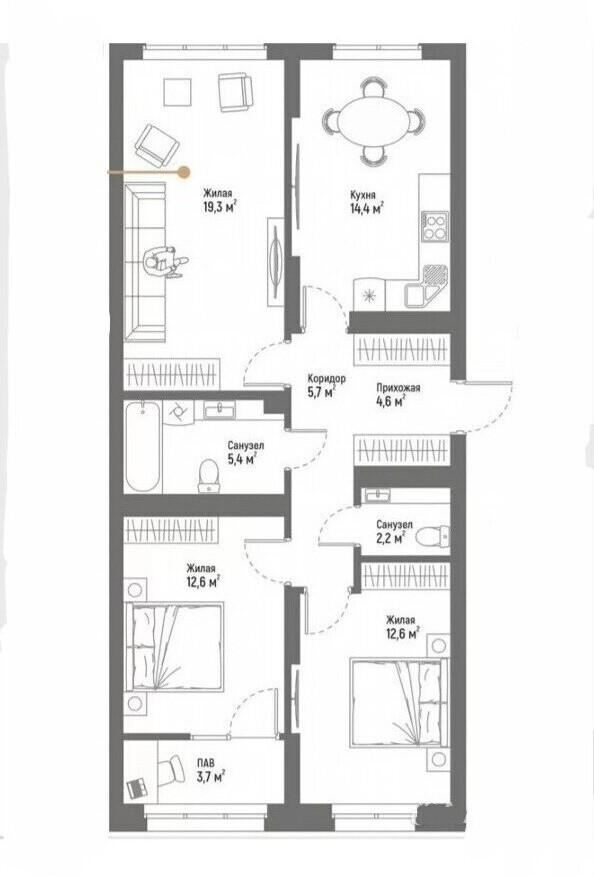3-комнатная 79.6 м2 в ЖК undefined корпус null этаж 11