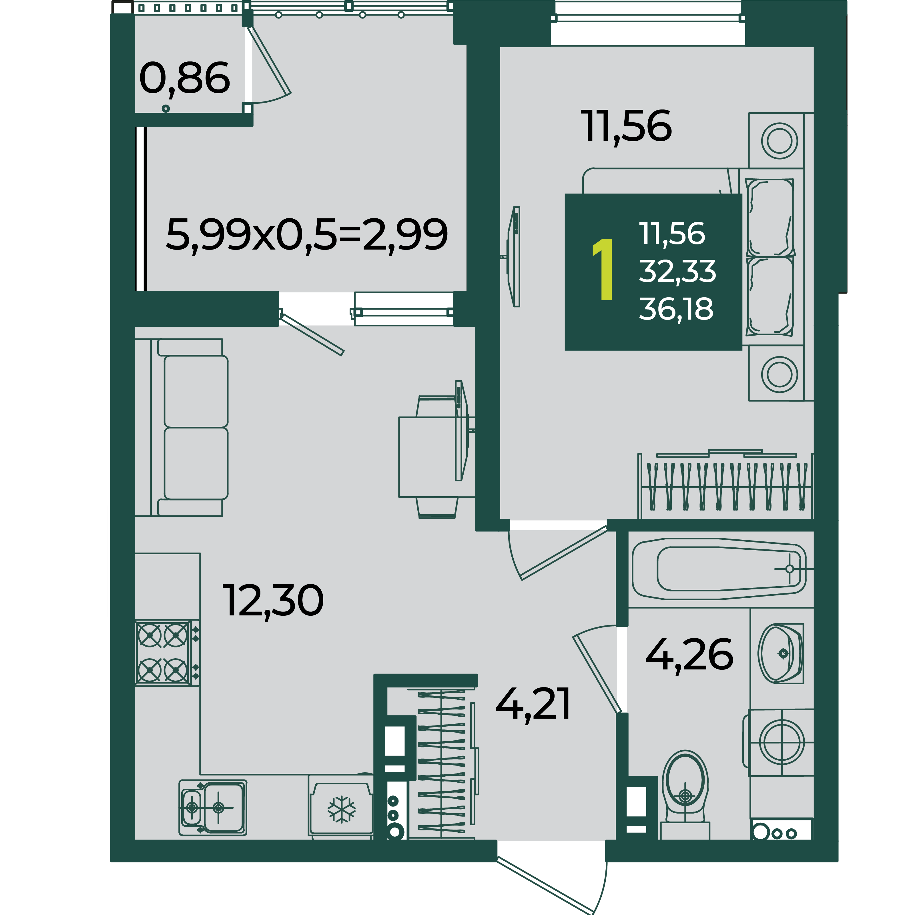 1-комнатная 36 м2 в ЖК Образцово корпус null этаж 17