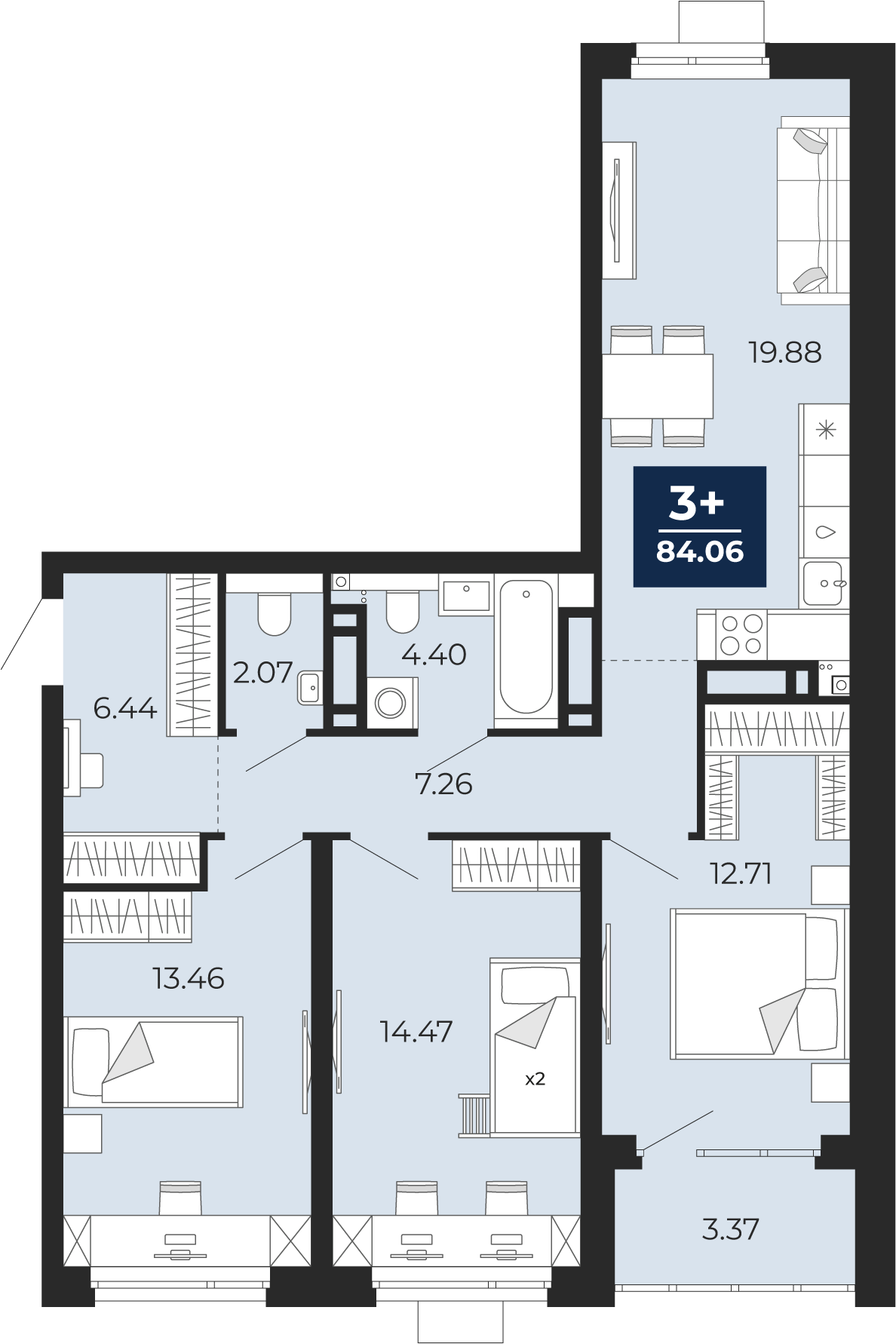 3-комнатная 80 м2 в ЖК Прео корпус null этаж 7