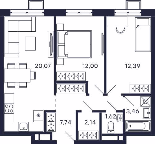 2-комнатная 62 м2 в ЖК Квартал Тетрис корпус null этаж 24