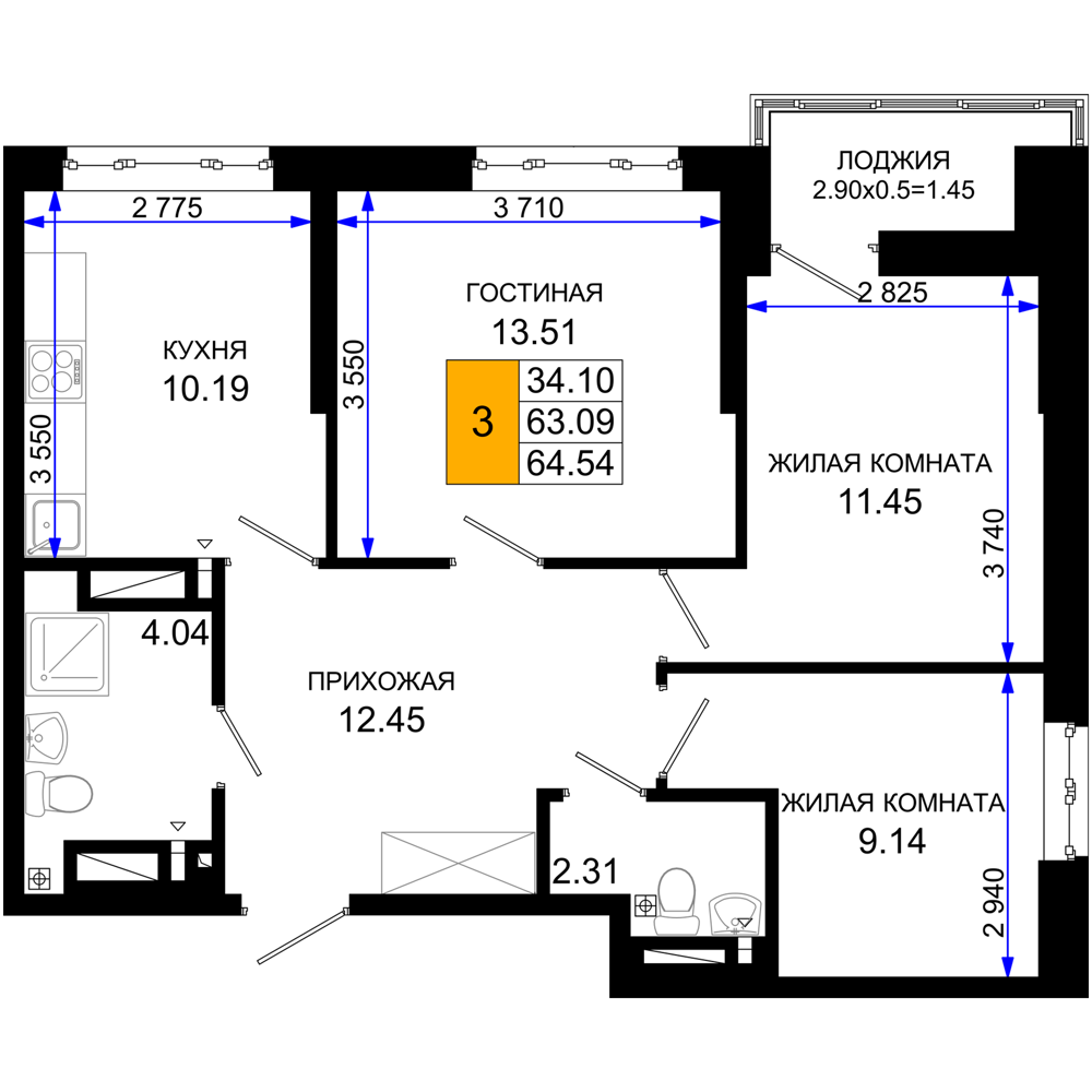 3-комнатная 64 м2 в ЖК Октябрь парк корпус null этаж 8