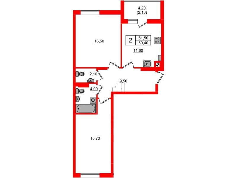 2-комнатная 61 м2 в ЖК River Park-2 корпус null этаж 4