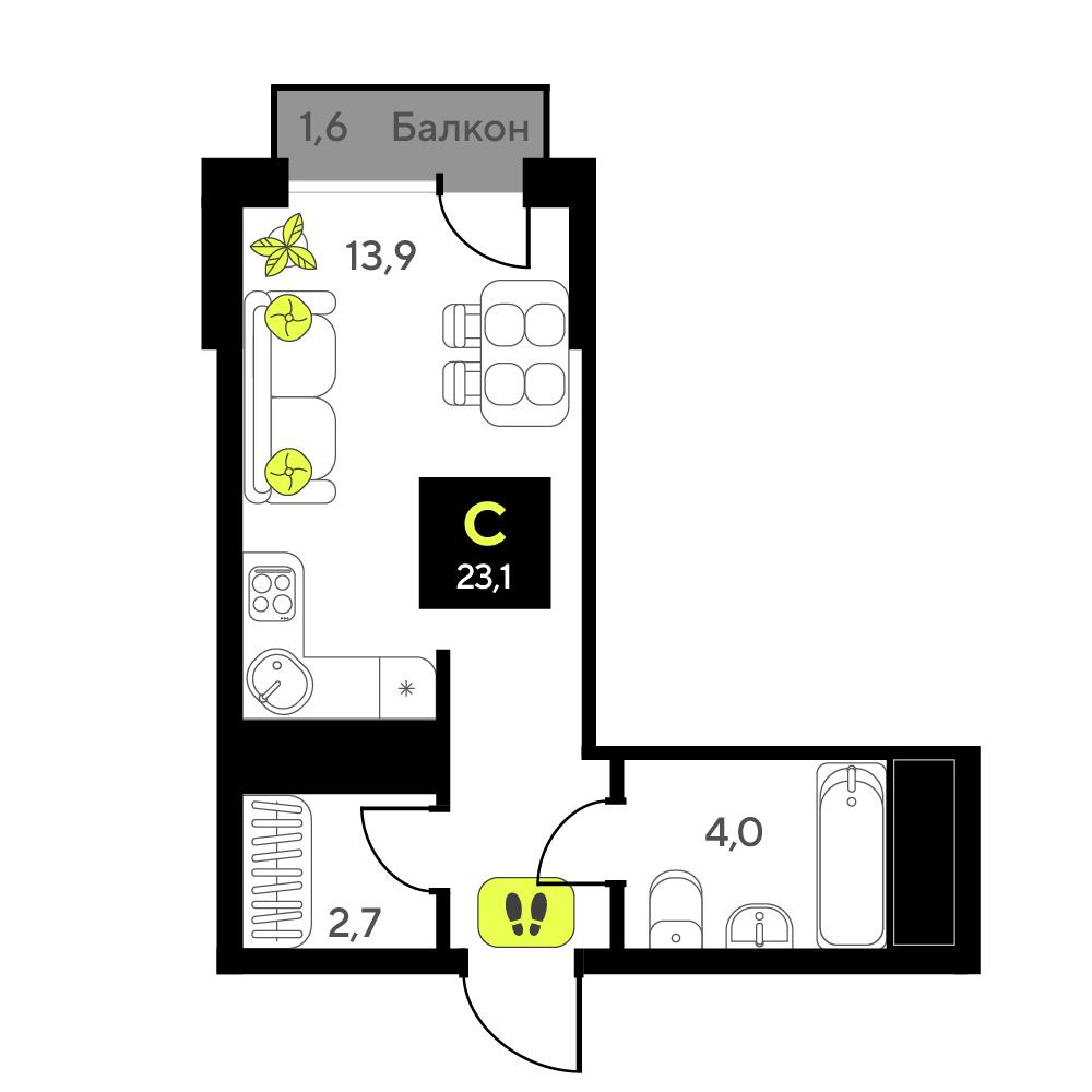 Студия 23 м2 в ЖК Мотивы корпус null этаж 14