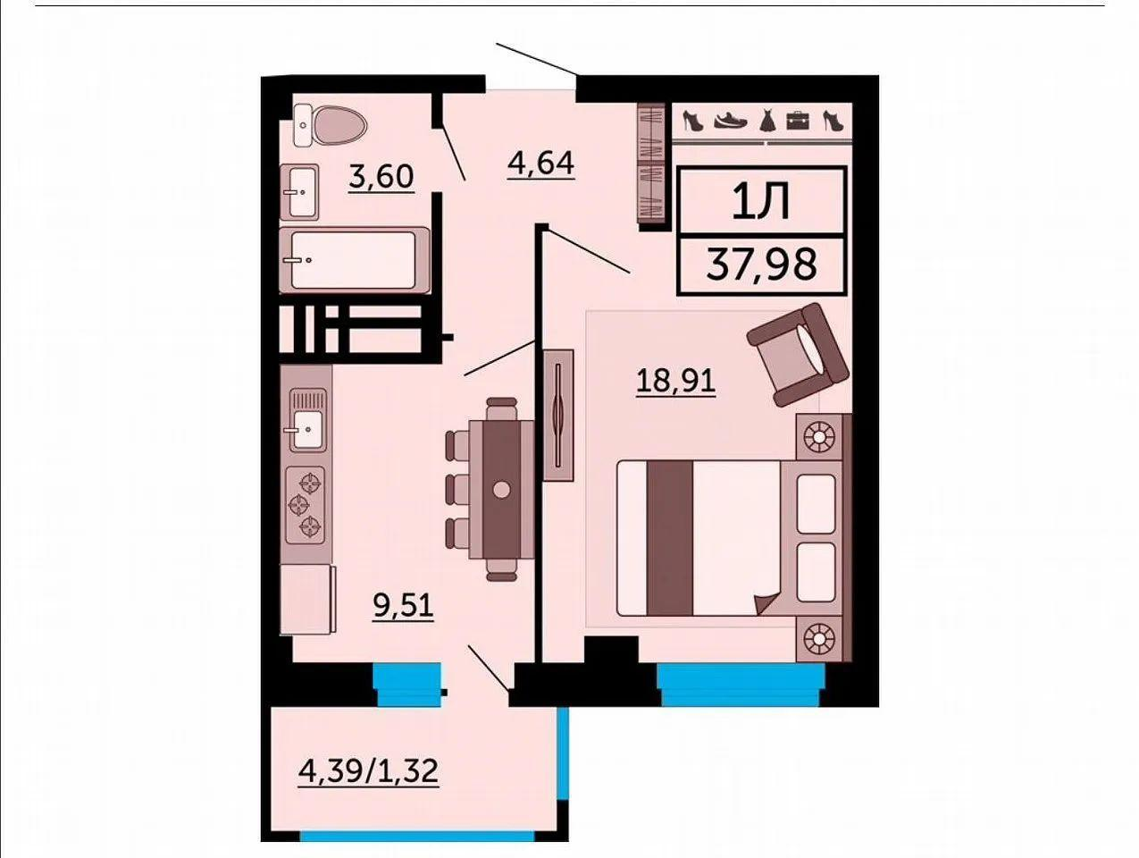 1-комнатная 38.8 м2 в ЖК undefined корпус null этаж 13