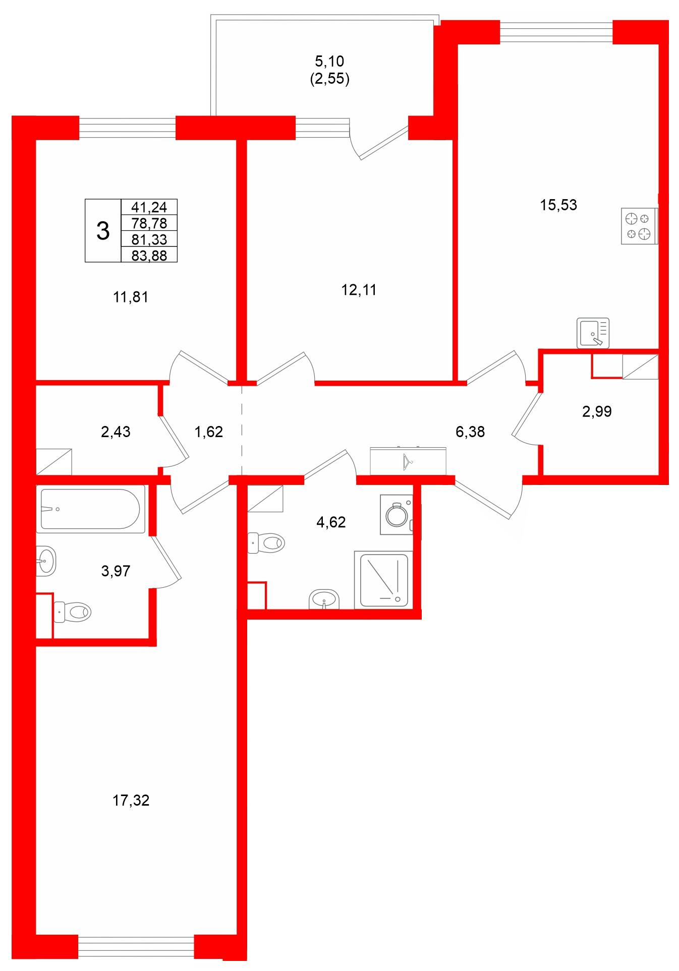 3-комнатная 81 м2 в ЖК IQ Гатчина корпус null этаж 3