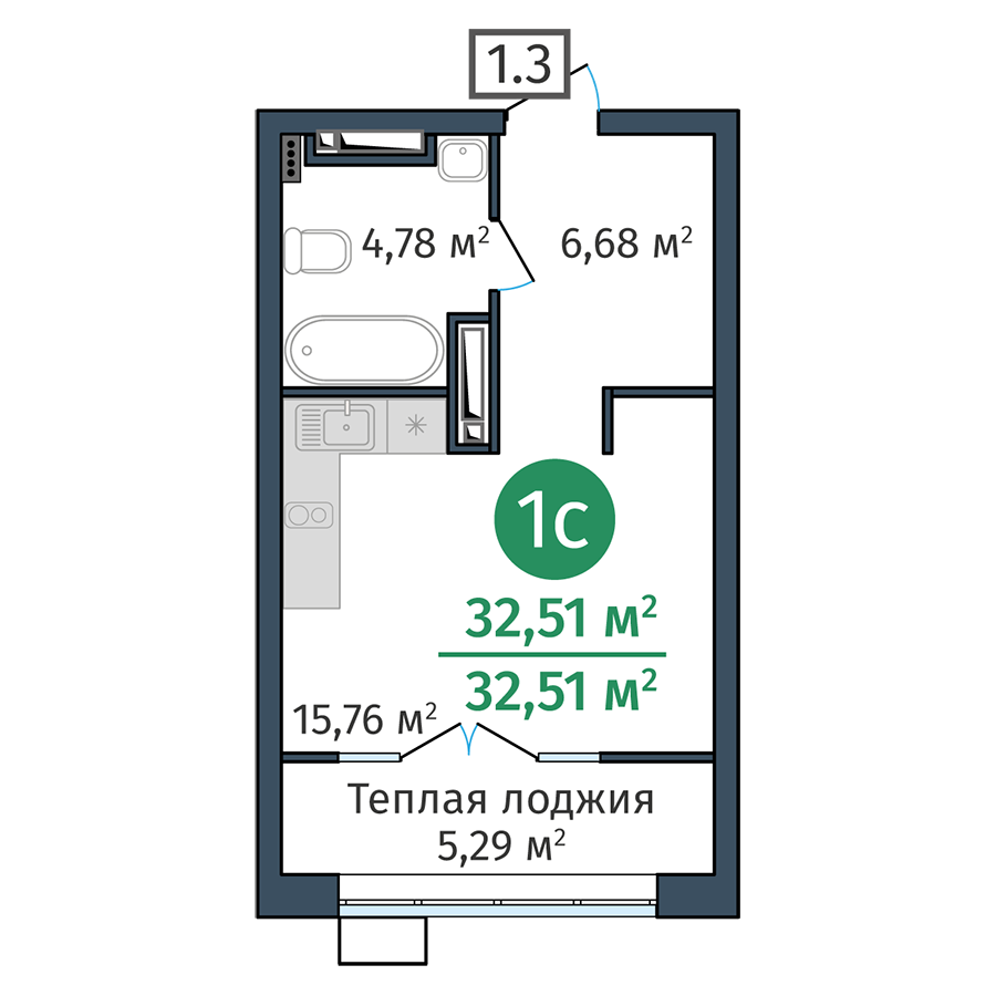1-комнатная 32.5 м2 в ЖК undefined корпус null этаж 19