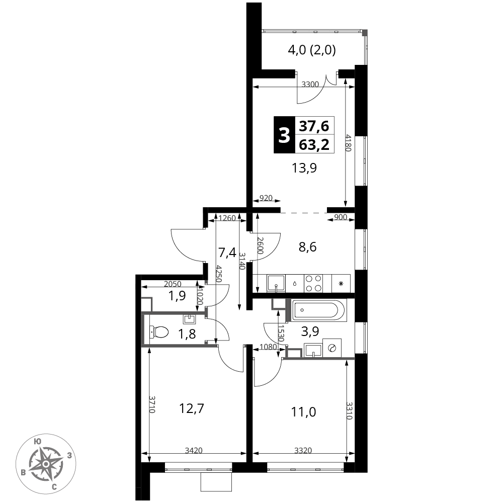 3-комнатная 63 м2 в ЖК 1-й Южный корпус null этаж 15