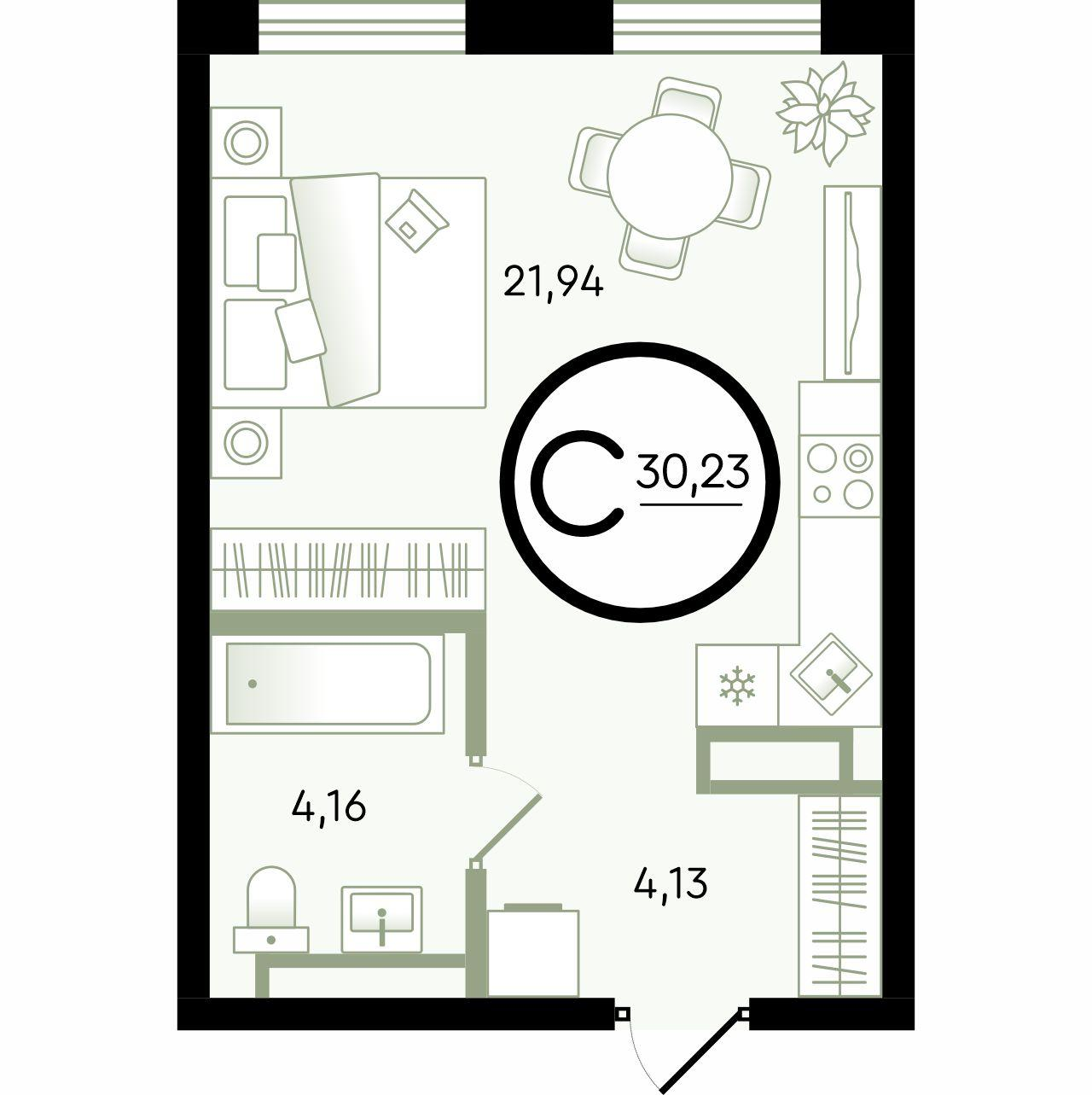 1-комнатная 30 м2 в ЖК Зеленые Аллеи корпус null этаж 1