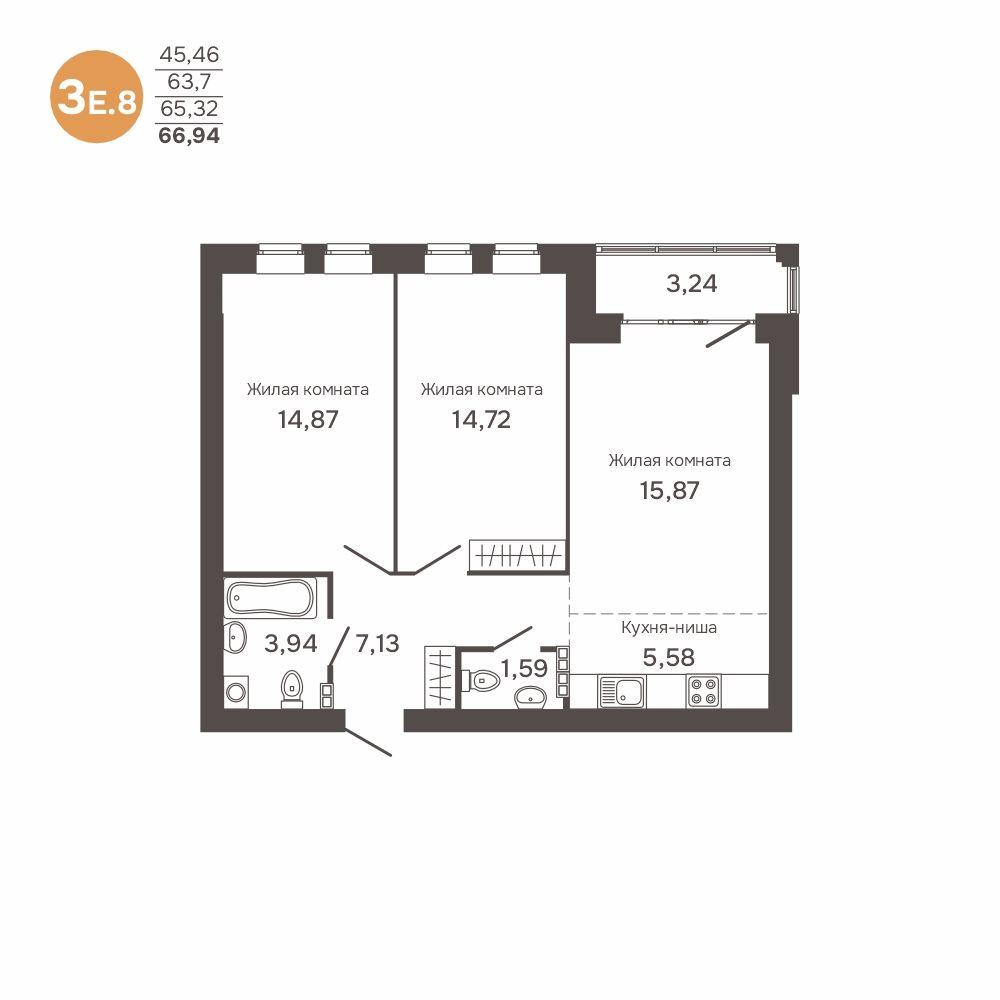 3-комнатная 65 м2 в ЖК Культура корпус null этаж 4