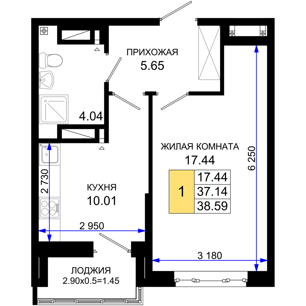 1-комнатная 38 м2 в ЖК Октябрь парк корпус null этаж 11