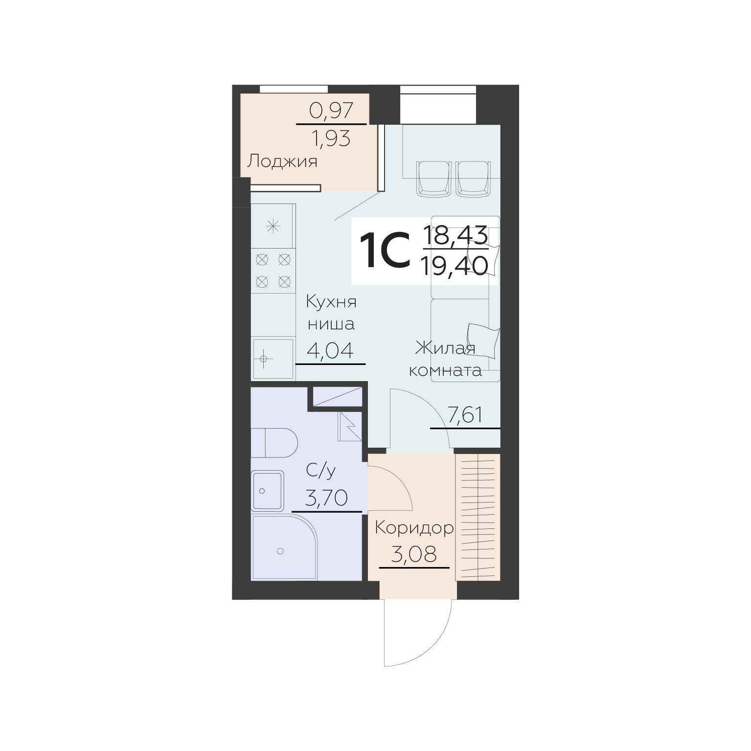 1-комнатная 19 м2 в ЖК Заря корпус null этаж 3