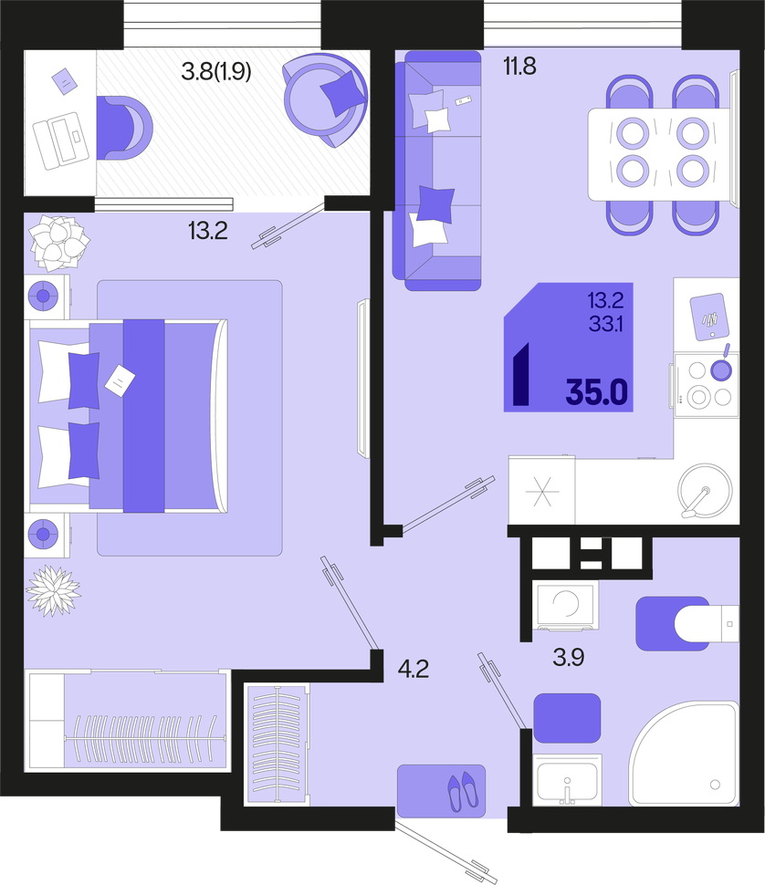 1-комнатная 35 м2 в ЖК undefined корпус null этаж 8