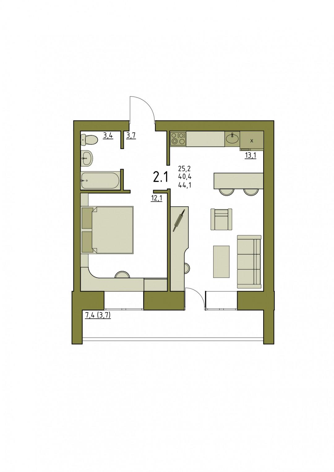 1-комнатная 44.1 м2 в ЖК undefined корпус null этаж 3