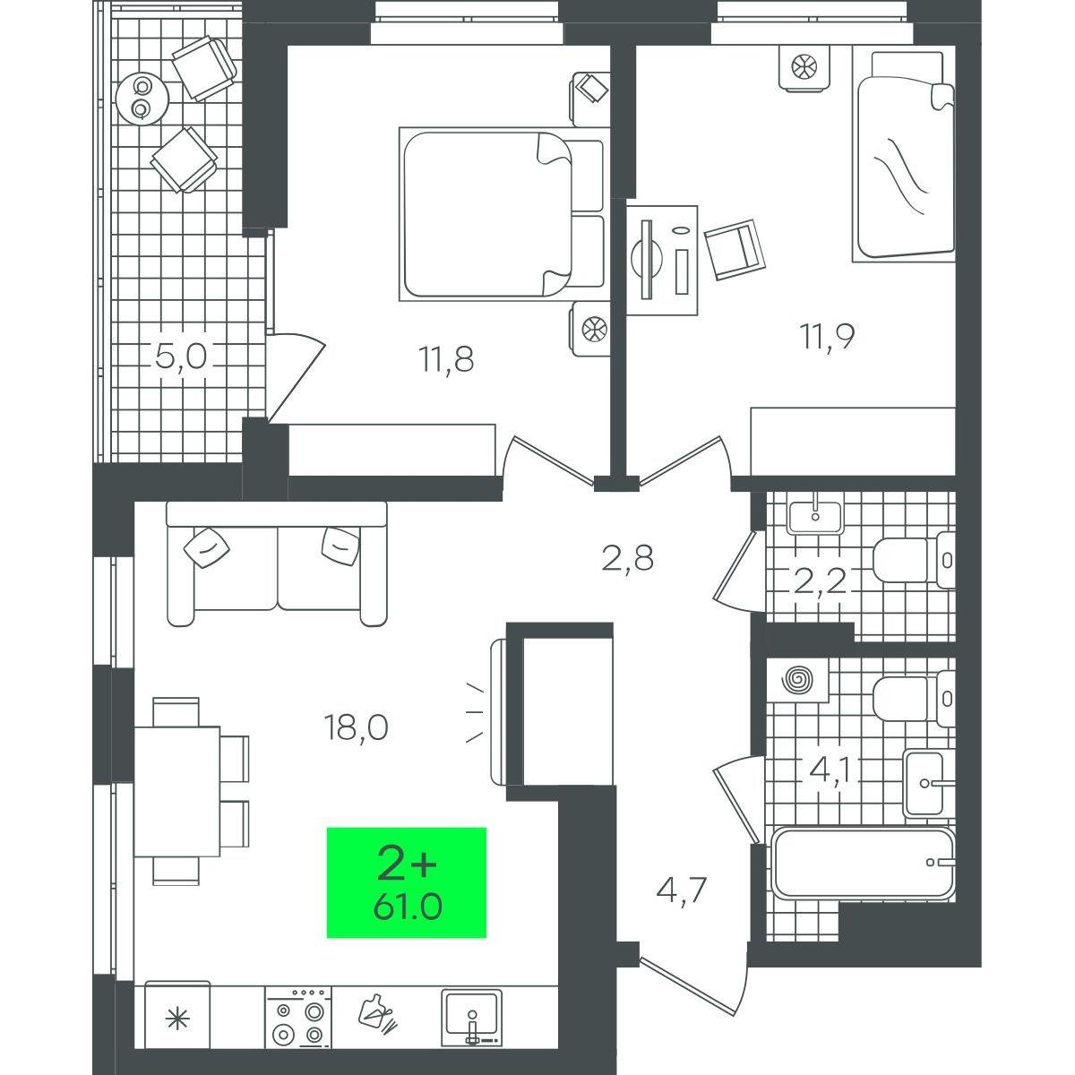 2-комнатная 61 м2 в ЖК Гранд Квартал корпус null этаж 2