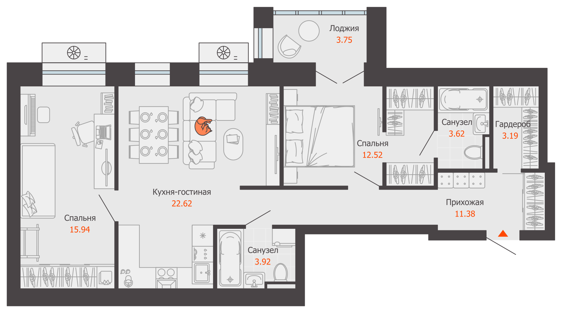 3-комнатная 75 м2 в ЖК Зарядное корпус null этаж 3