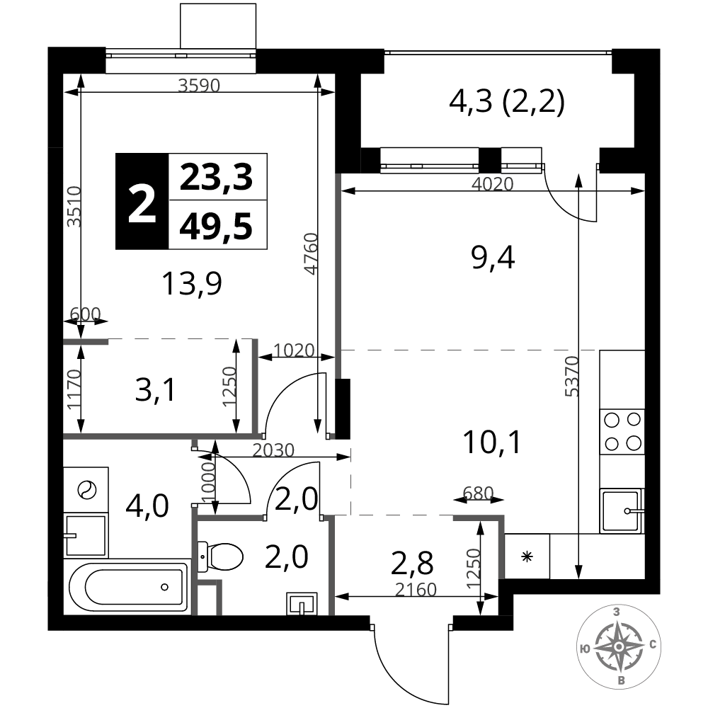 2-комнатная 49 м2 в ЖК 1-й Шереметьевский корпус null этаж 15
