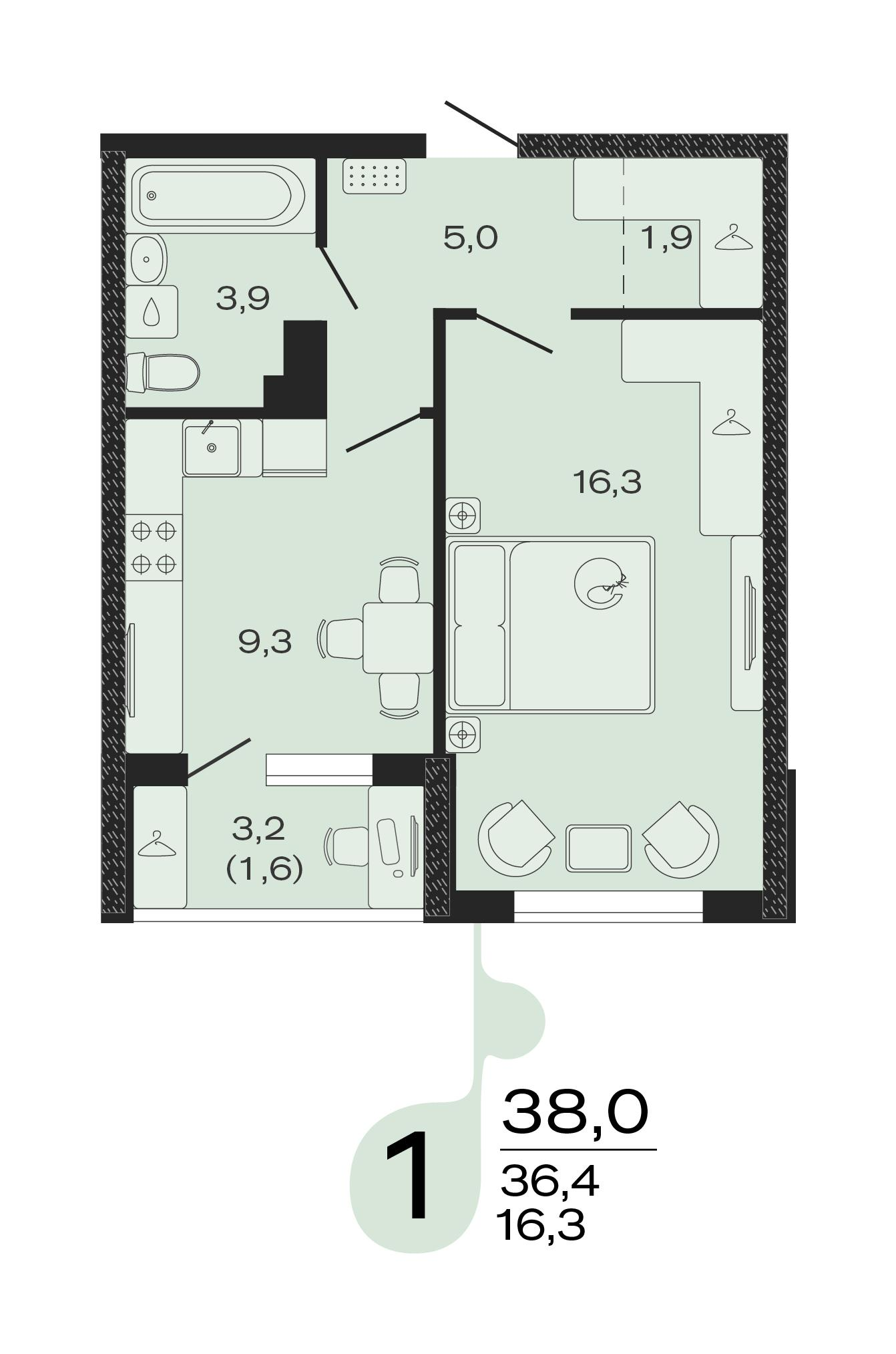 1-комнатная 38 м2 в ЖК ЭВО корпус null этаж 1