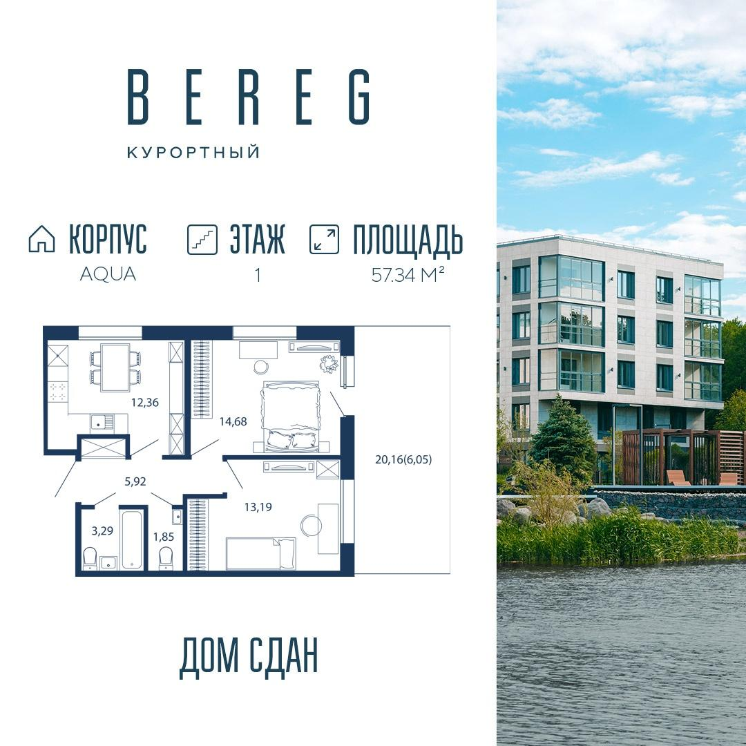 2-комнатная 57 м2 в ЖК Bereg. Курортный корпус null этаж 1