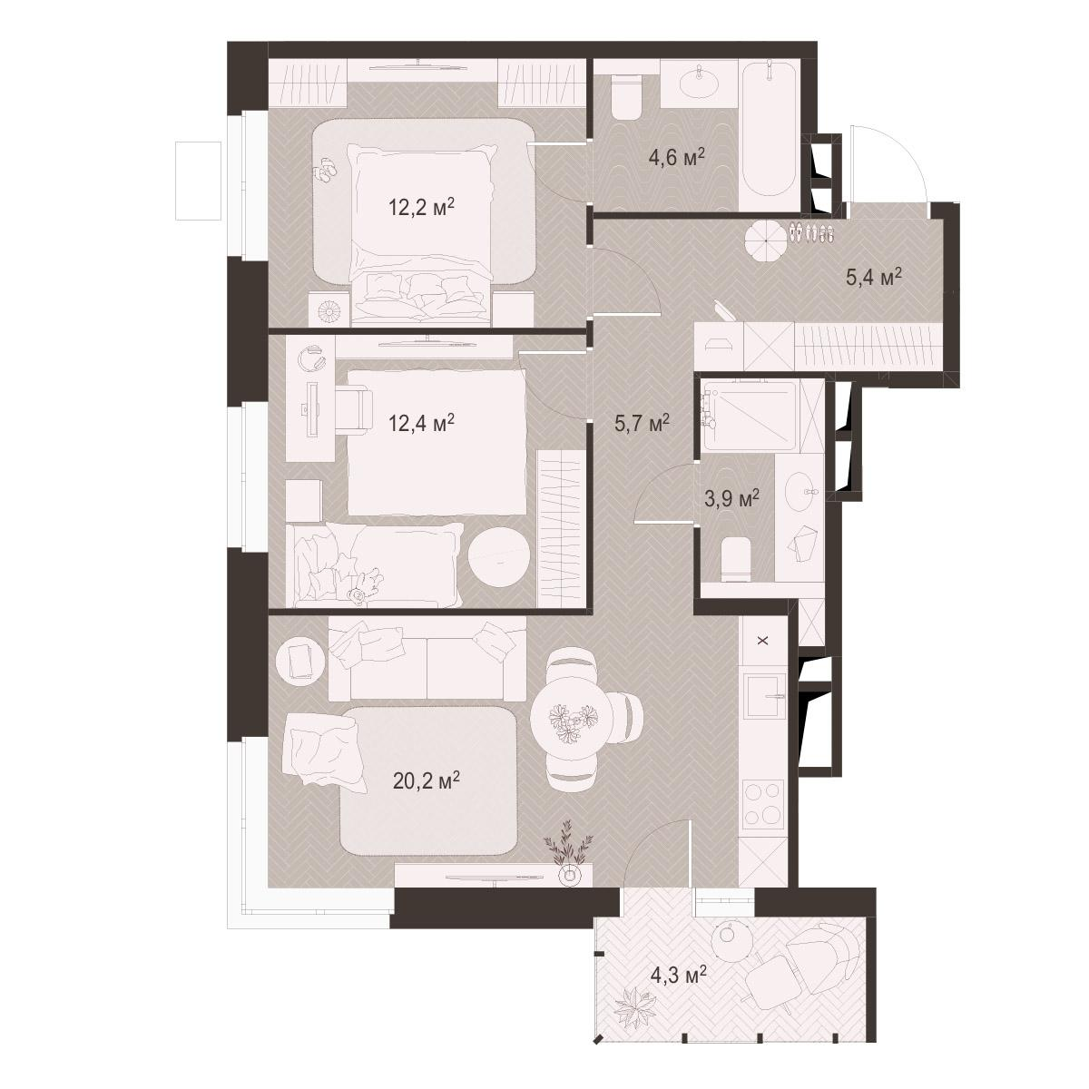 2-комнатная 68 м2 в ЖК Гранд Комфорт-3 корпус null этаж 4