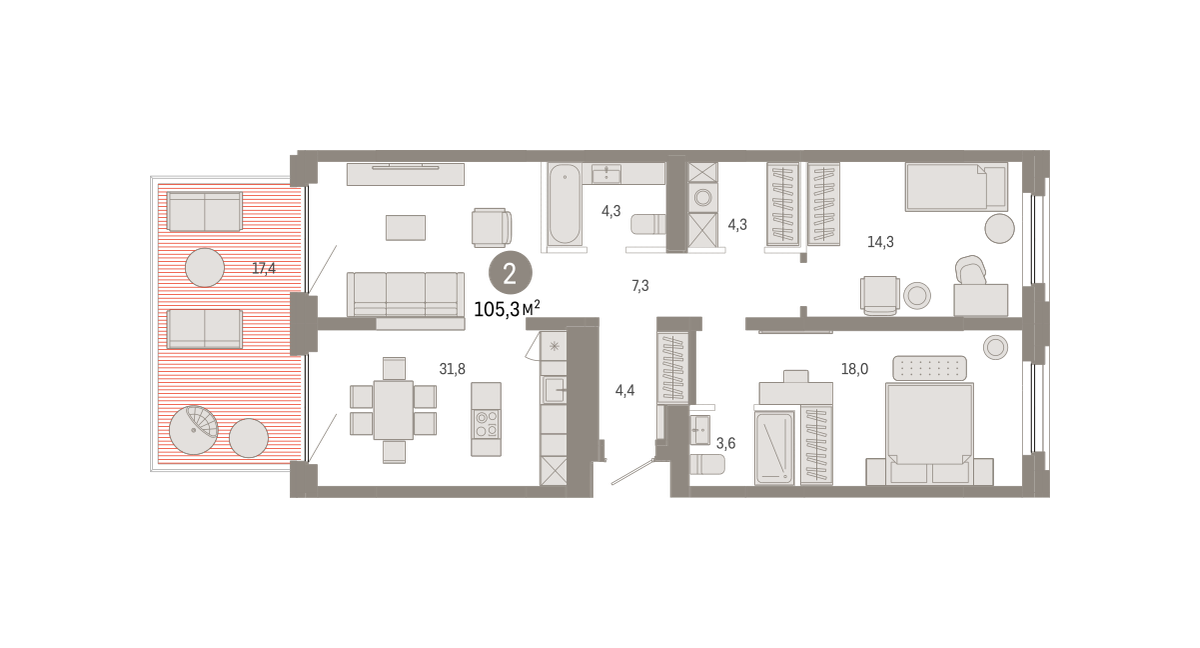 2-комнатная 105 м2 в ЖК Зарека корпус null этаж 2