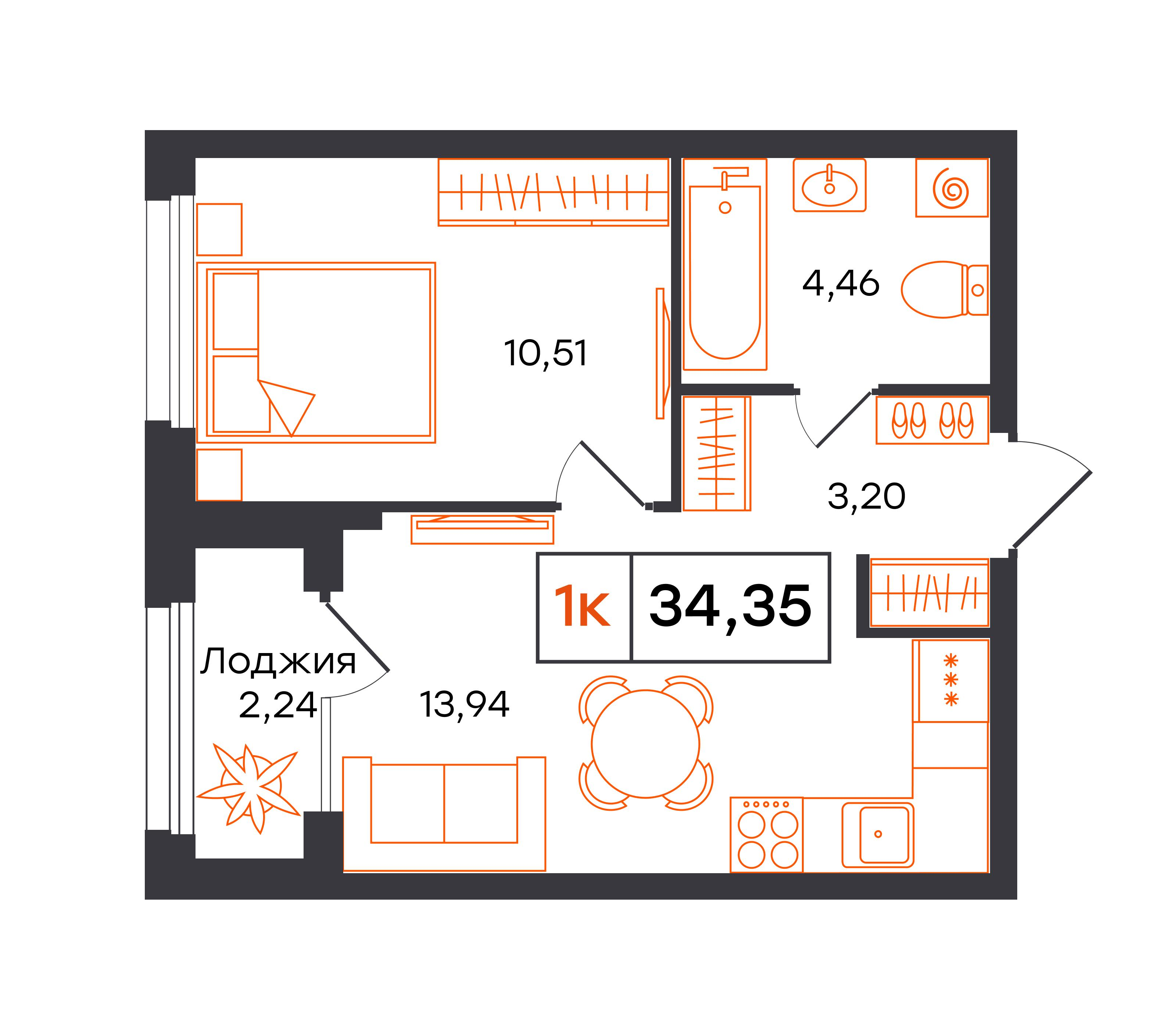 1-комнатная 34 м2 в ЖК Фатера корпус null этаж 7