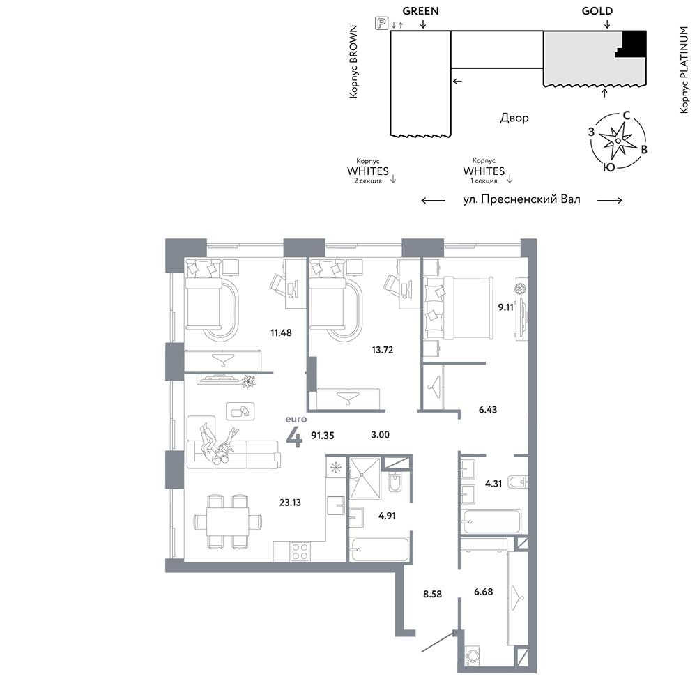 4-комнатная 91 м2 в ЖК Republic корпус null этаж 7