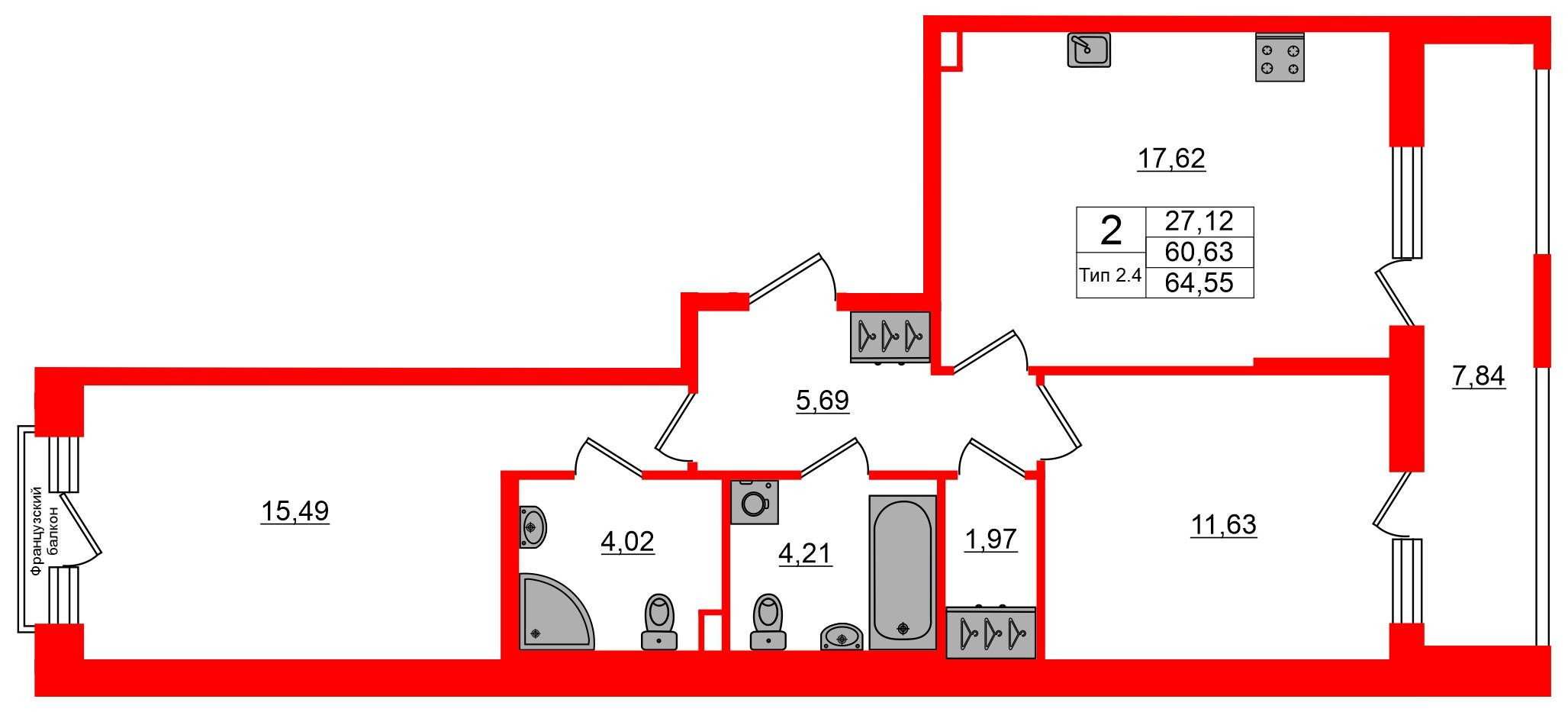 2-комнатная 60 м2 в ЖК Setl Ривьера корпус null этаж 2
