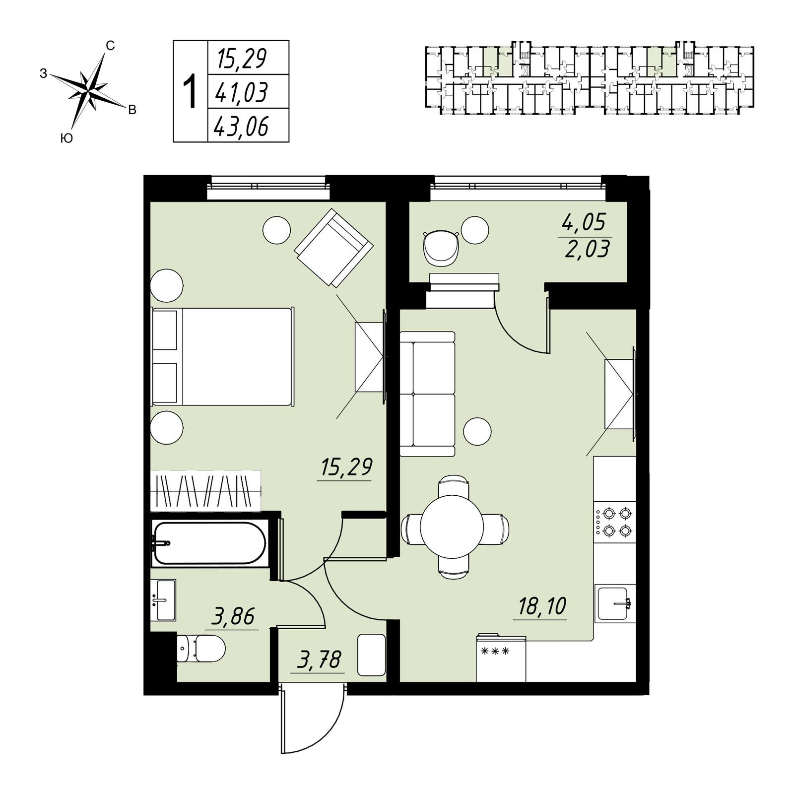 1-комнатная 43 м2 в ЖК Строганов корпус null этаж 8