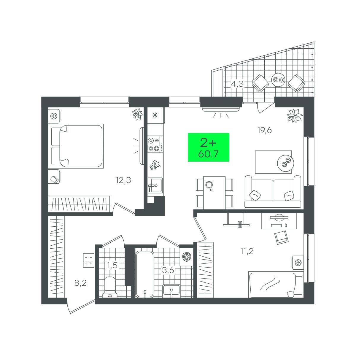 2-комнатная 60 м2 в ЖК Сезоны корпус null этаж 9