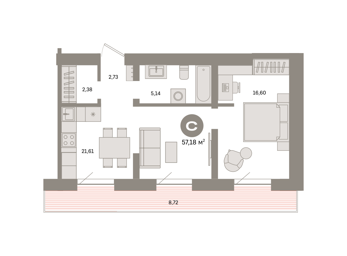 1-комнатная 57 м2 в ЖК Речной порт корпус null этаж 6