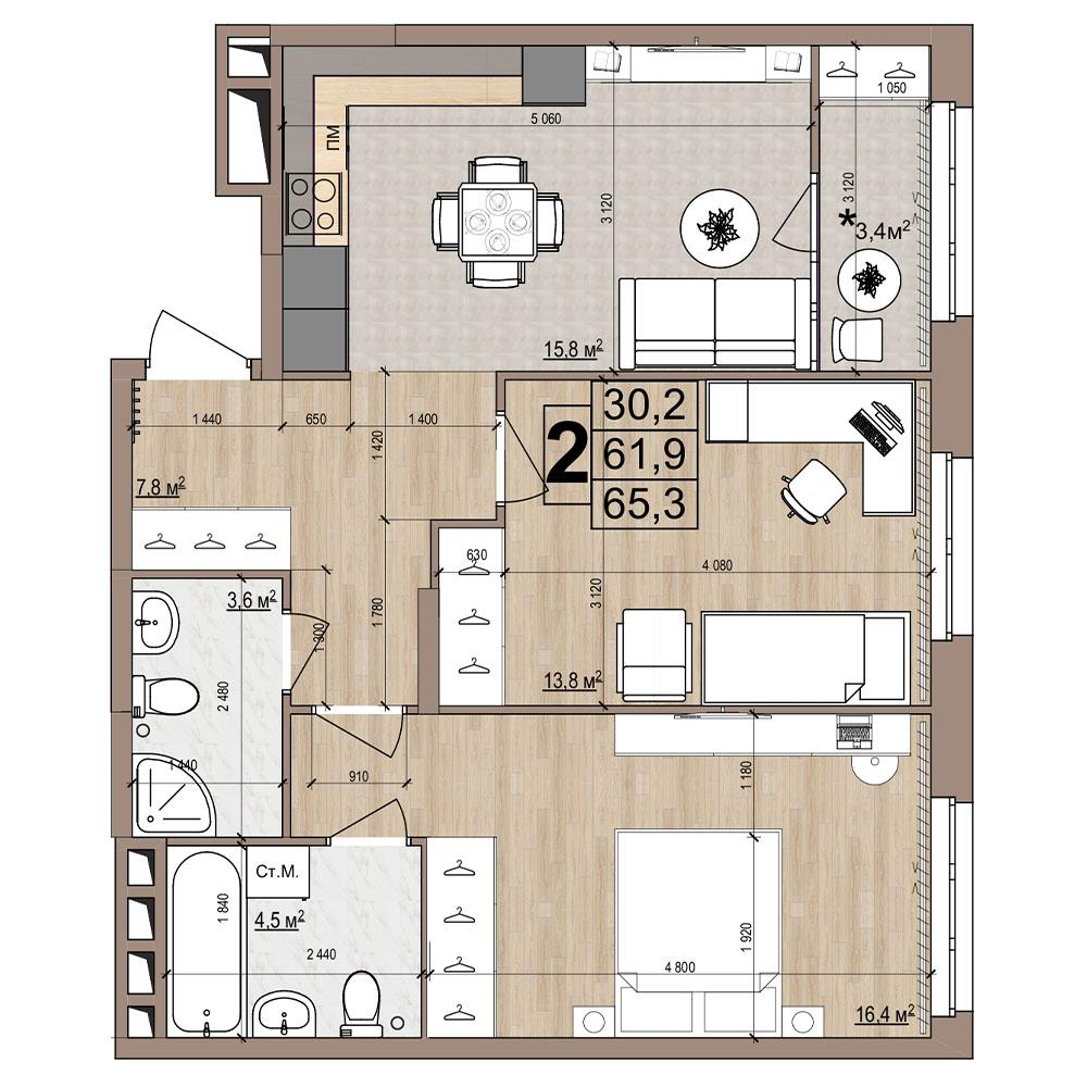 2-комнатная 65 м2 в ЖК Гранд Комфорт-2 корпус null этаж 6