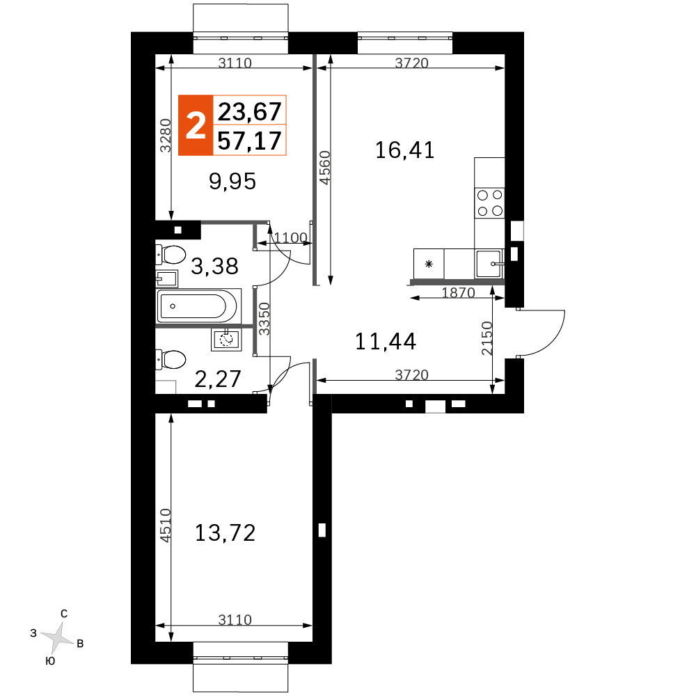 2-комнатная 58 м2 в ЖК Жаворонки Клаб корпус null этаж 2
