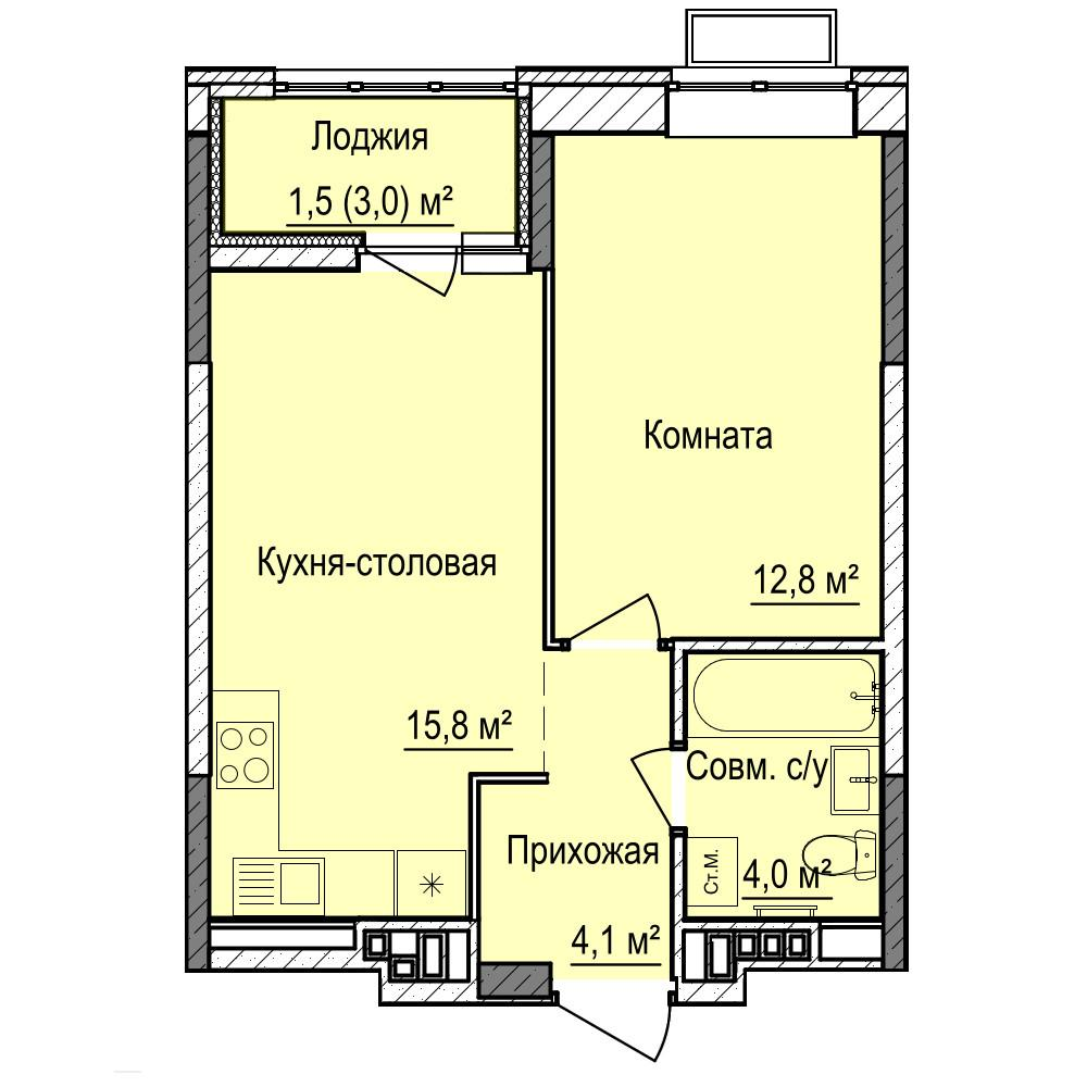 1-комнатная 38 м2 в ЖК Норвежский Лес корпус null этаж 3