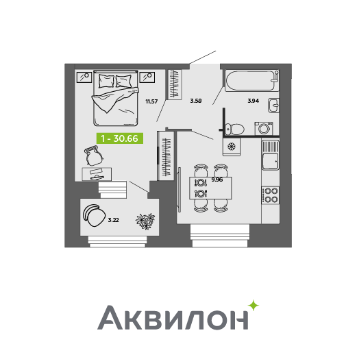 1-комнатная 30 м2 в ЖК Аквилон ROSA корпус null этаж 8