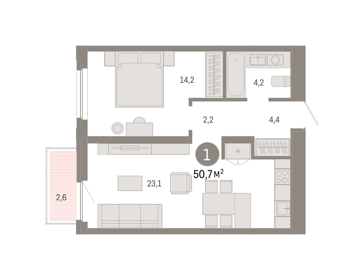 1-комнатная 50 м2 в ЖК Зарека корпус null этаж 14