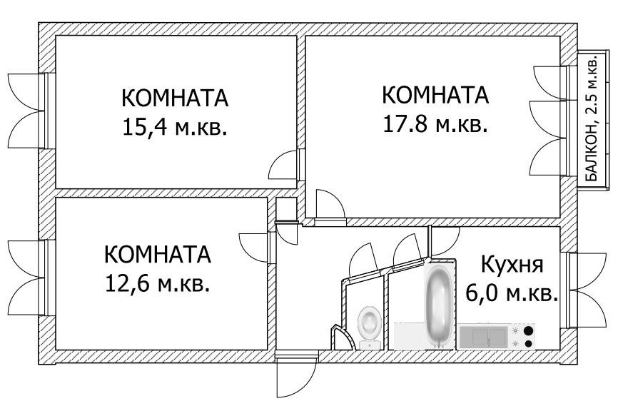 3-комнатная 59 м2 в ЖК undefined корпус null этаж 3