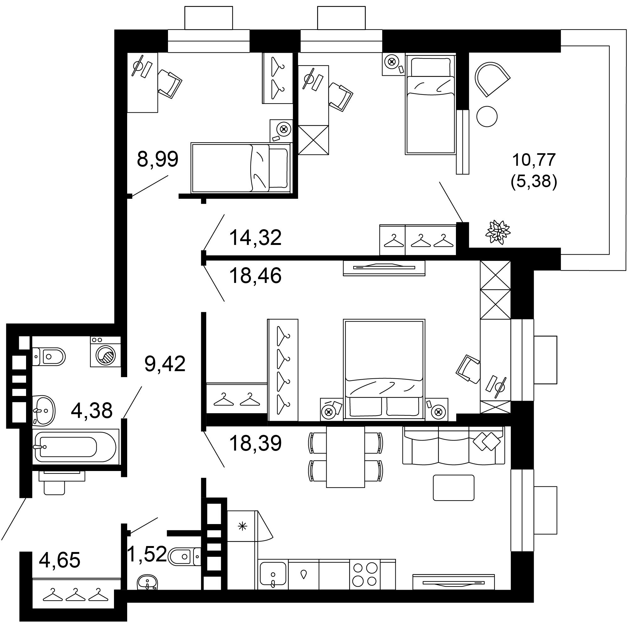 3-комнатная 85 м2 в ЖК 1799 корпус null этаж 8