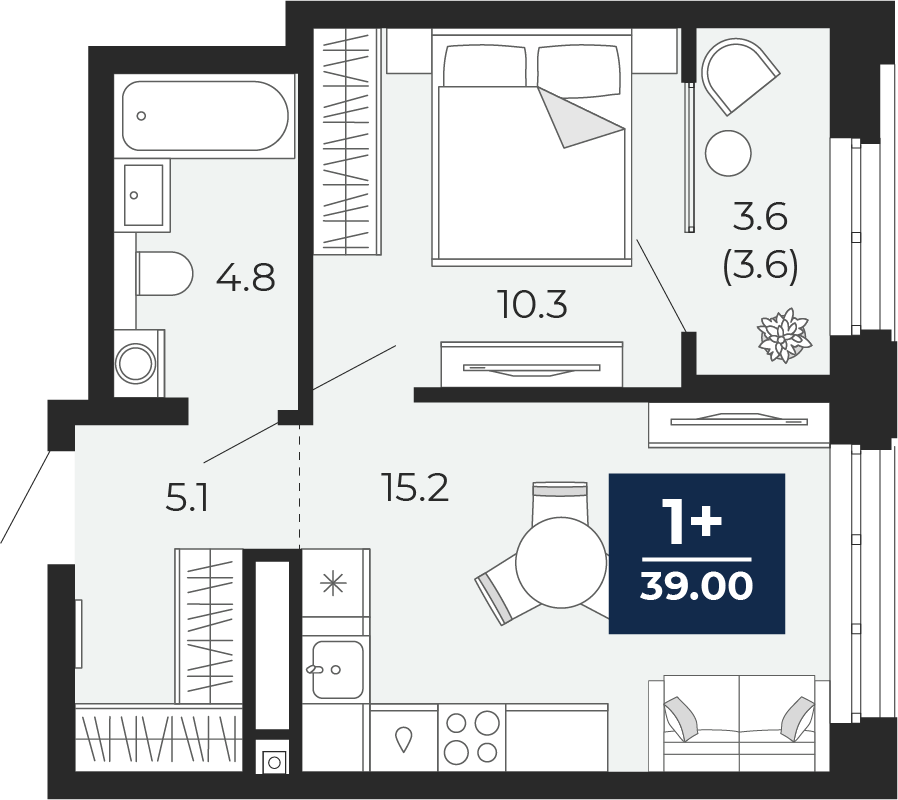 1-комнатная 39 м2 в ЖК Мириады корпус null этаж 12