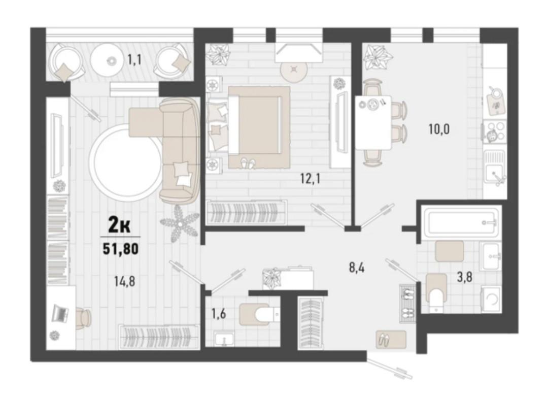 2-комнатная 51.8 м2 в ЖК undefined корпус null этаж 2
