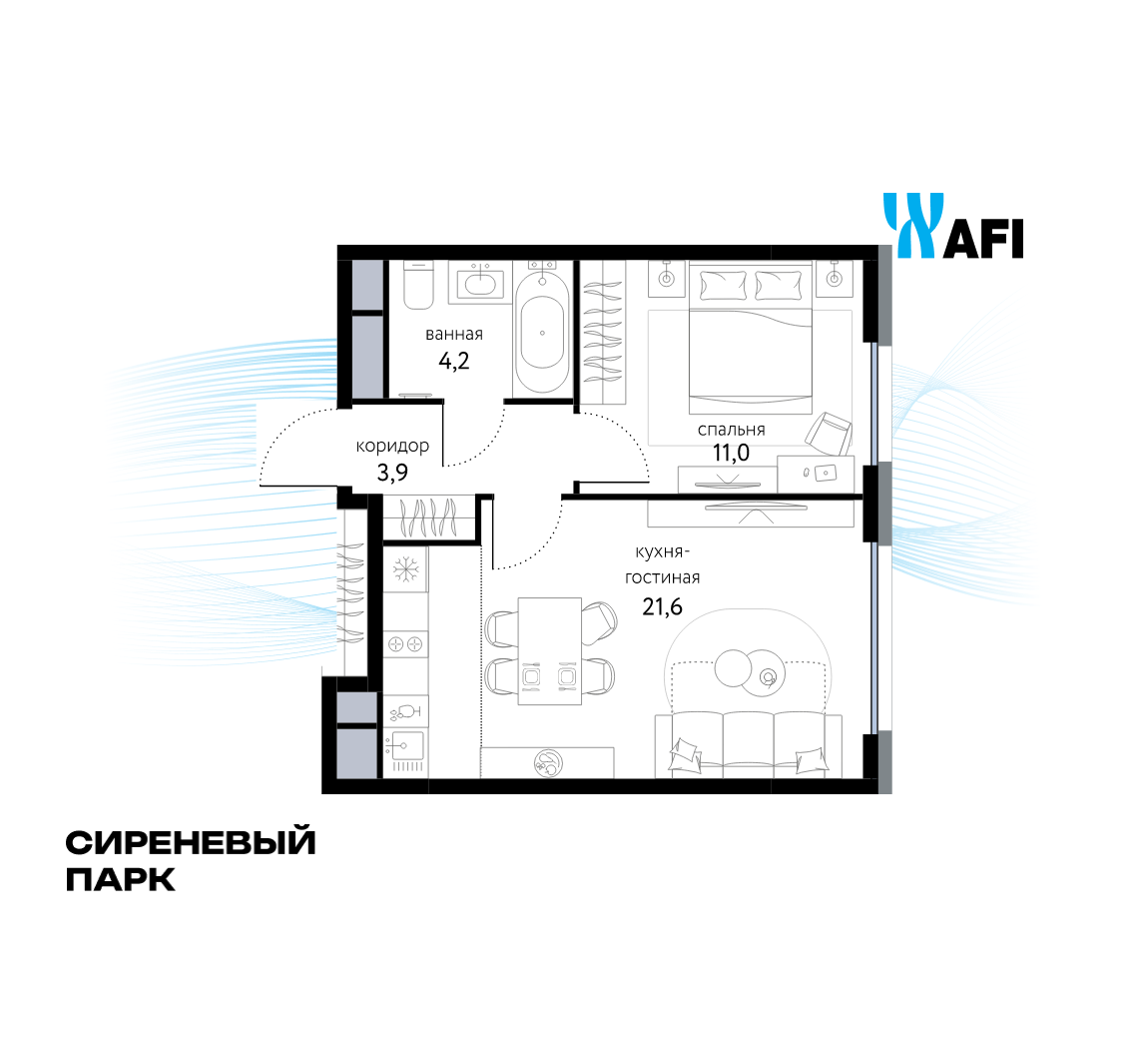 2-комнатная 41 м2 в ЖК Сиреневый парк корпус null этаж 6