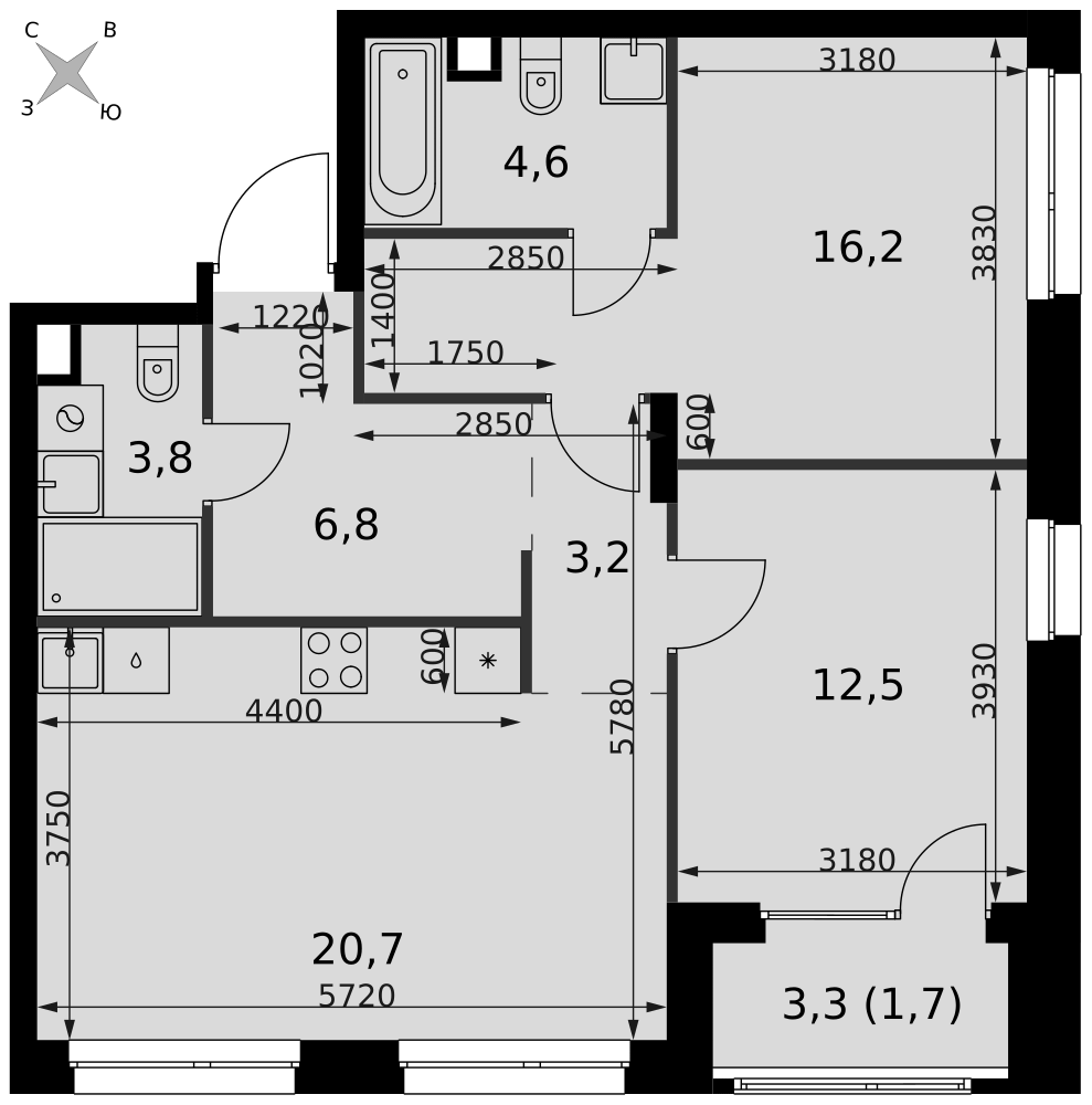 3-комнатная 69 м2 в ЖК Симоновский Вал корпус null этаж 2