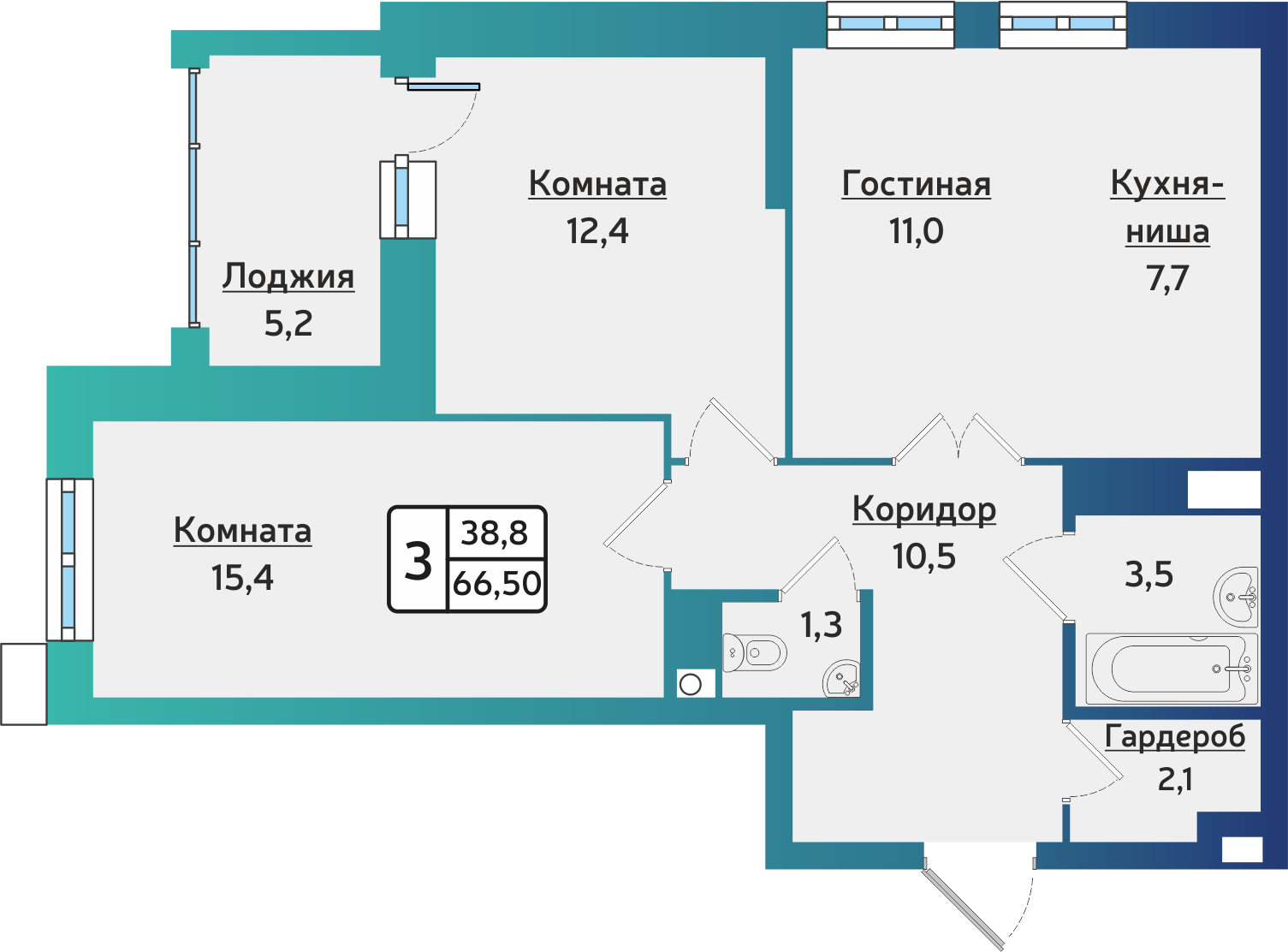 3-комнатная 66 м2 в ЖК Forest корпус null этаж 13
