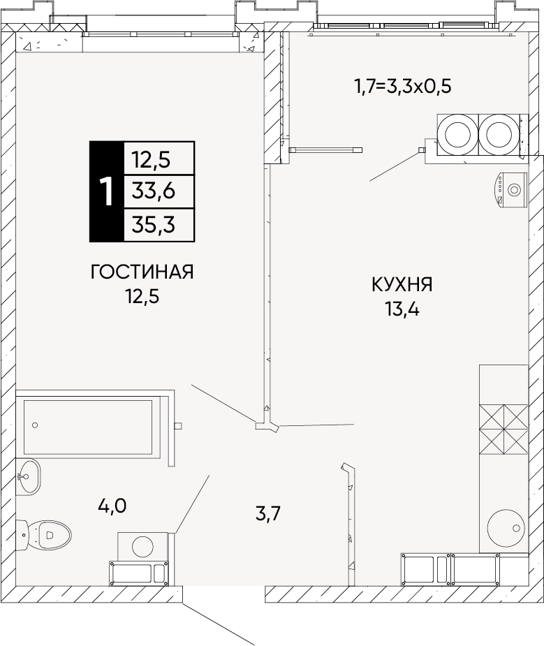 1-комнатная 35 м2 в ЖК Левобережье корпус null этаж 22