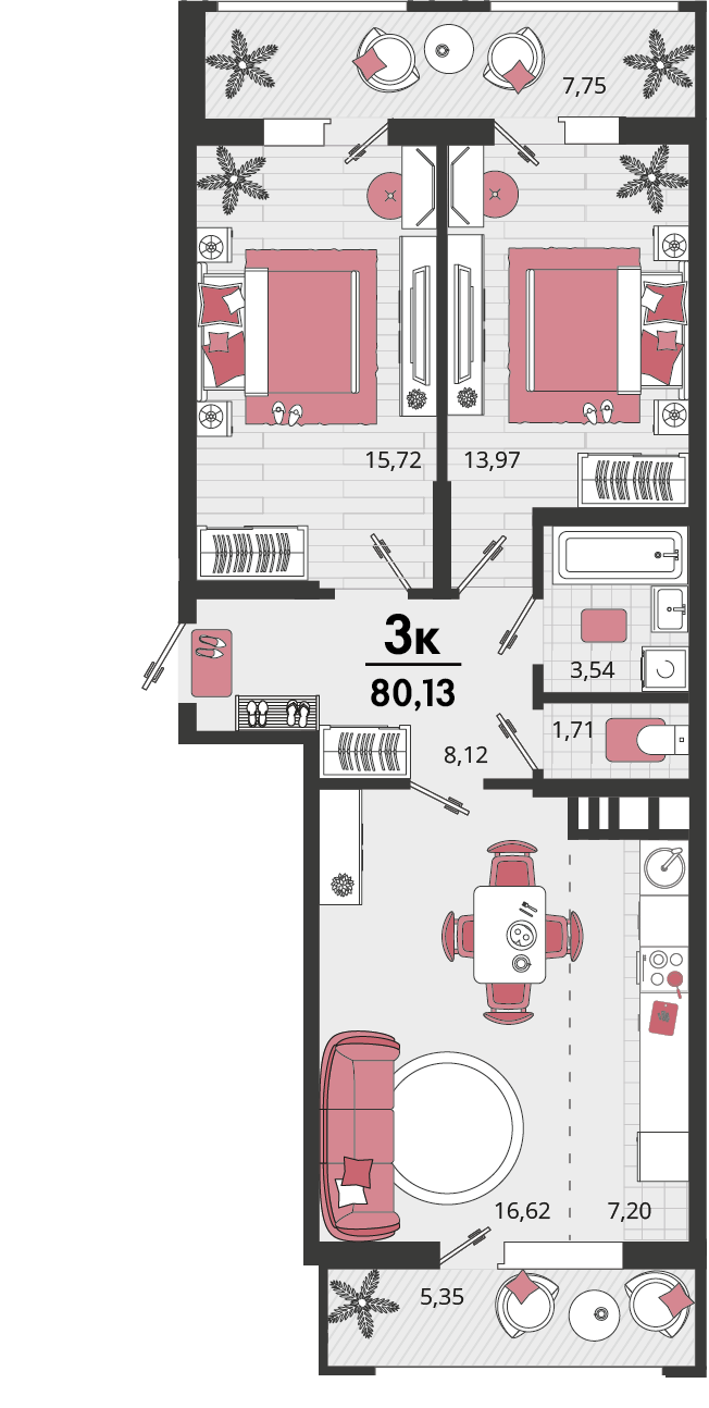 3-комнатная 80 м2 в ЖК Родные просторы корпус null этаж 6