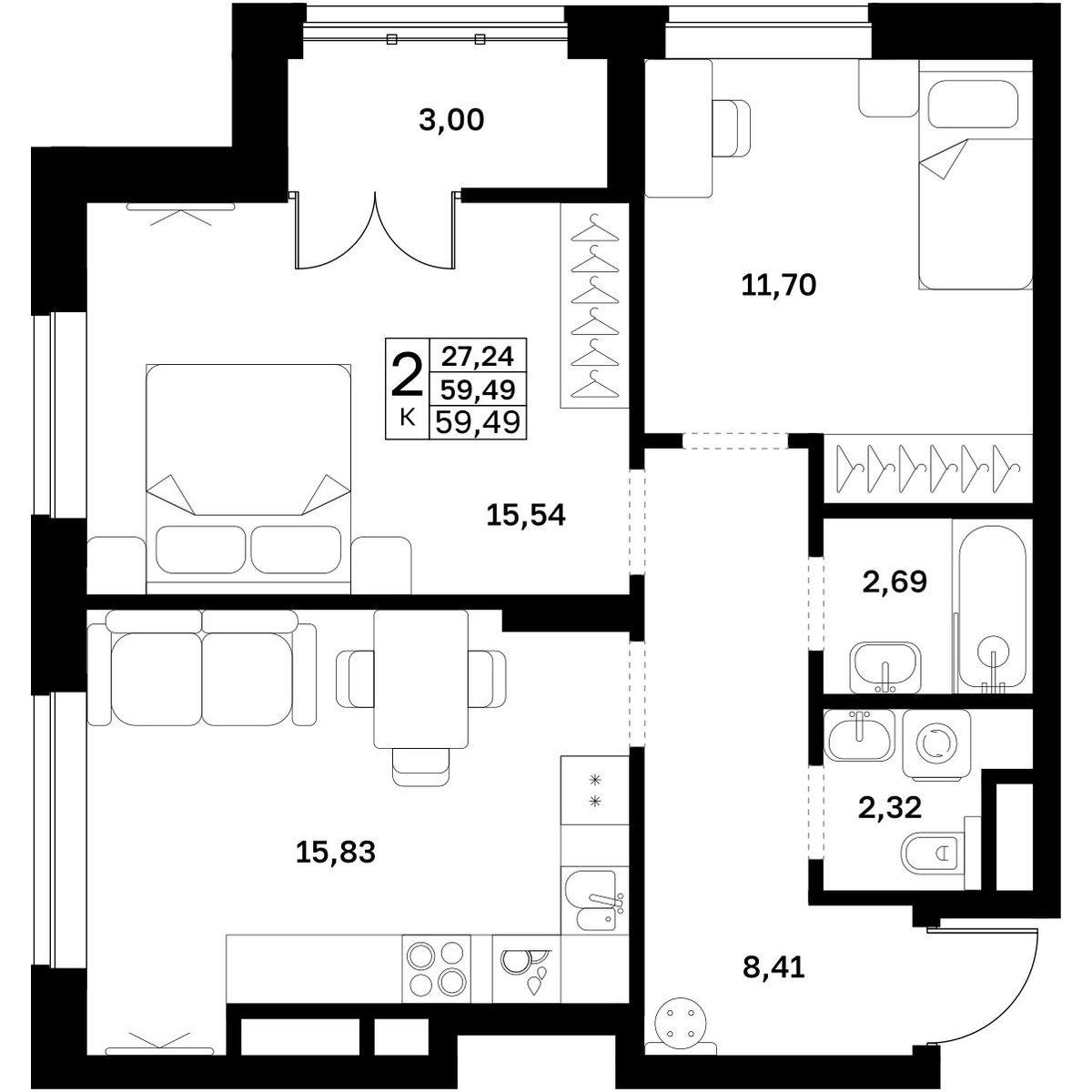 2-комнатная 59 м2 в ЖК Мёд корпус null этаж 15