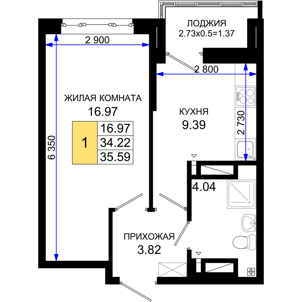 1-комнатная 35 м2 в ЖК Октябрь парк корпус null этаж 11