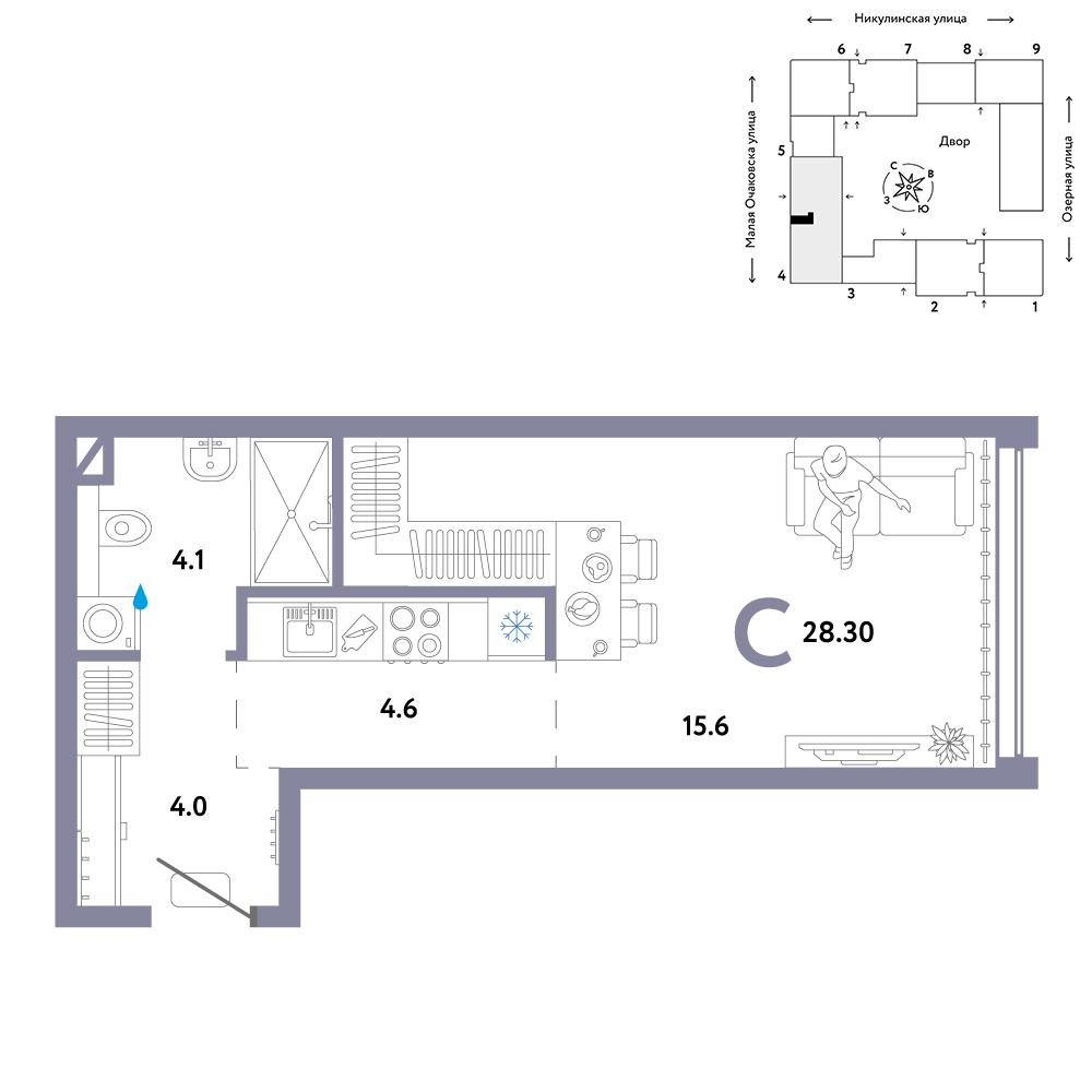 1-комнатная 28 м2 в ЖК Страна.Озёрная корпус null этаж 18