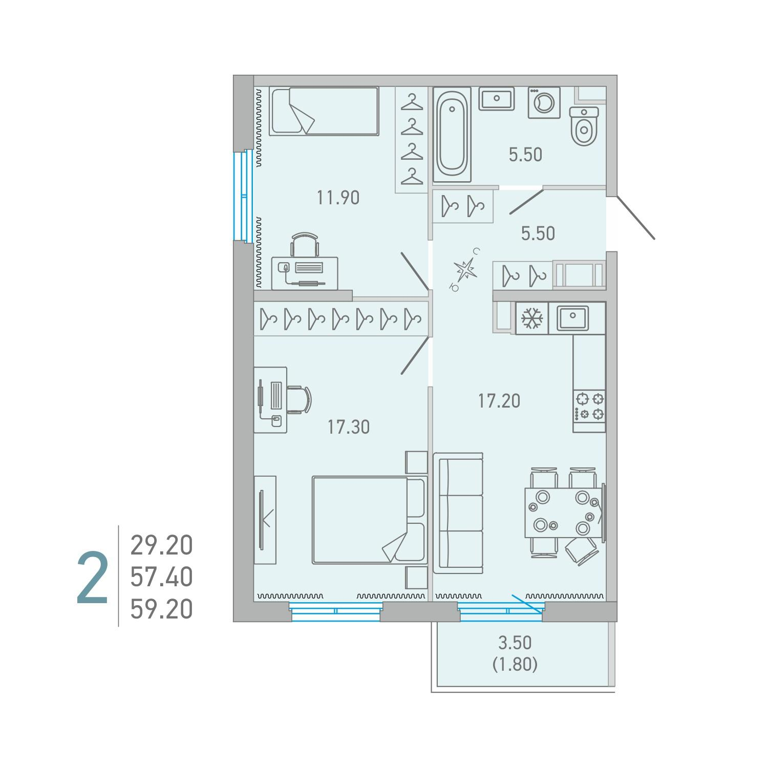 2-комнатная 59 м2 в ЖК LOVO корпус null этаж 13