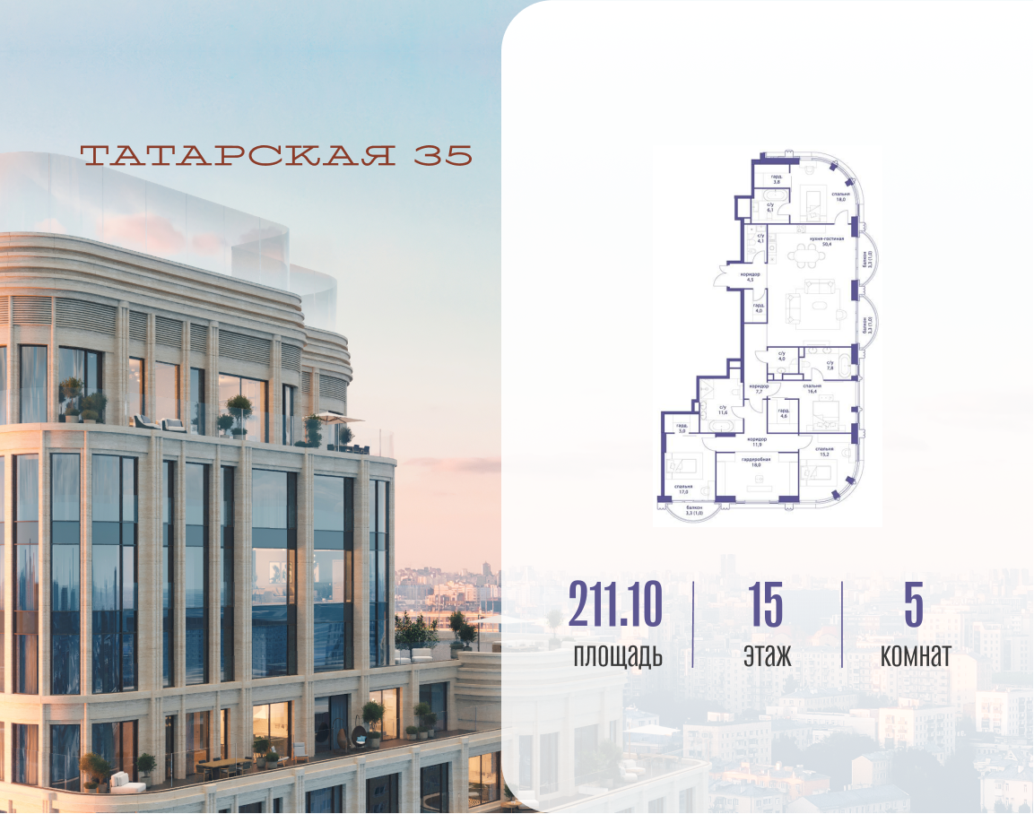 5-комнатная 211 м2 в ЖК Татарская 35 корпус null этаж 15